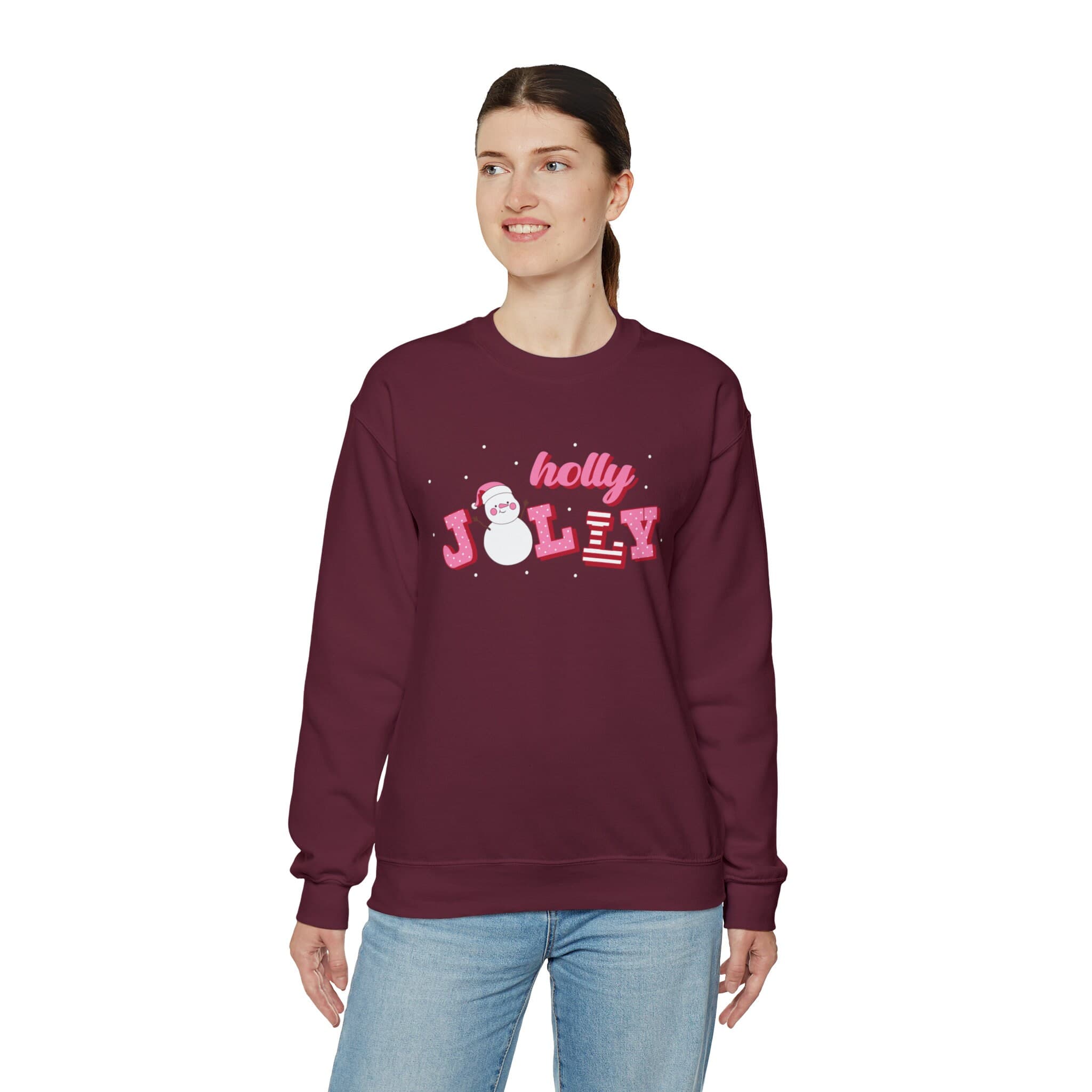 Pink Christmas Holly Jolly Crewneck Sweatshirt Pullover Holiday Snowman Cozy Red Burgundy Sweater Funny Women Retro - image 5