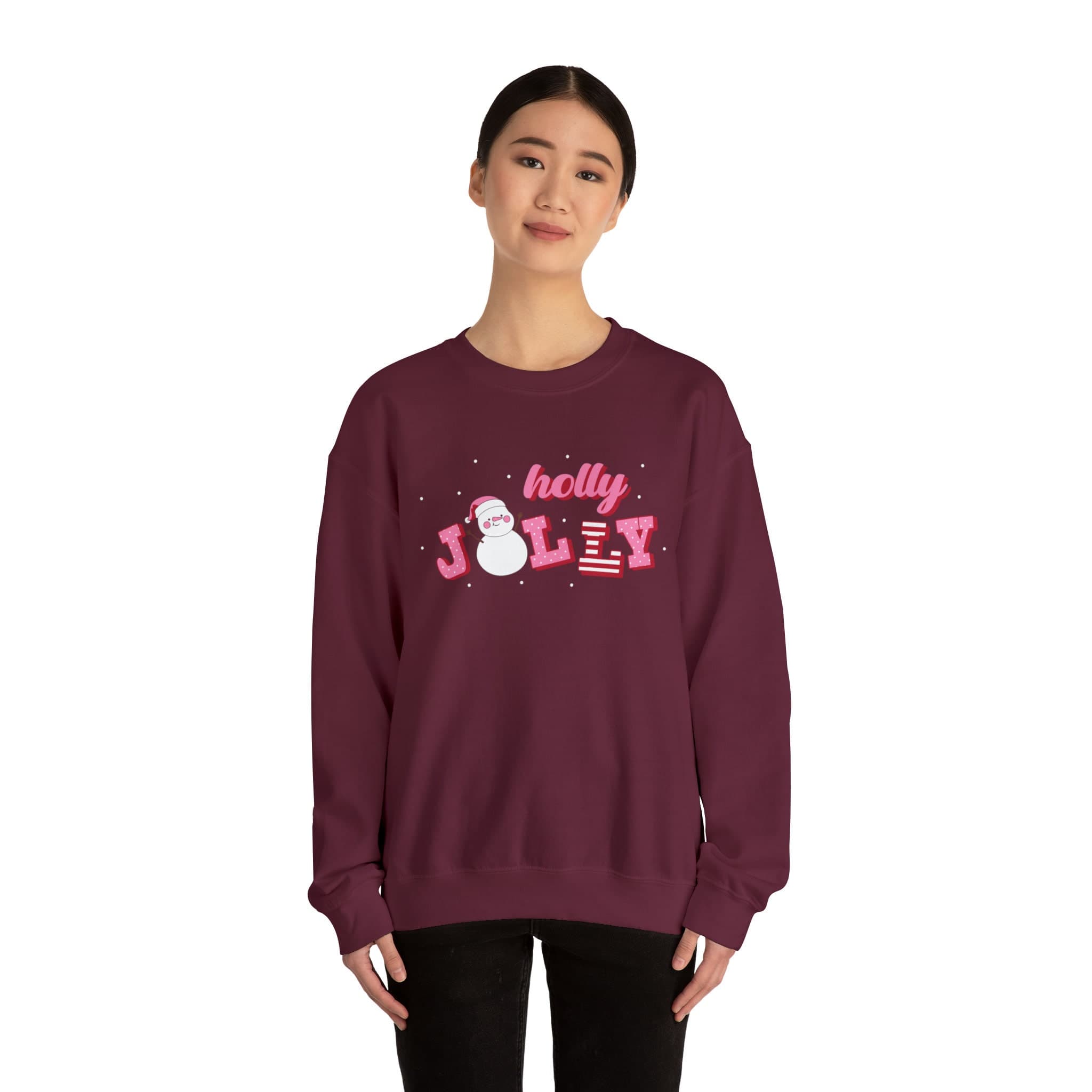 Pink Christmas Holly Jolly Crewneck Sweatshirt Pullover Holiday Snowman Cozy Red Burgundy Sweater Funny Women Retro - image 3