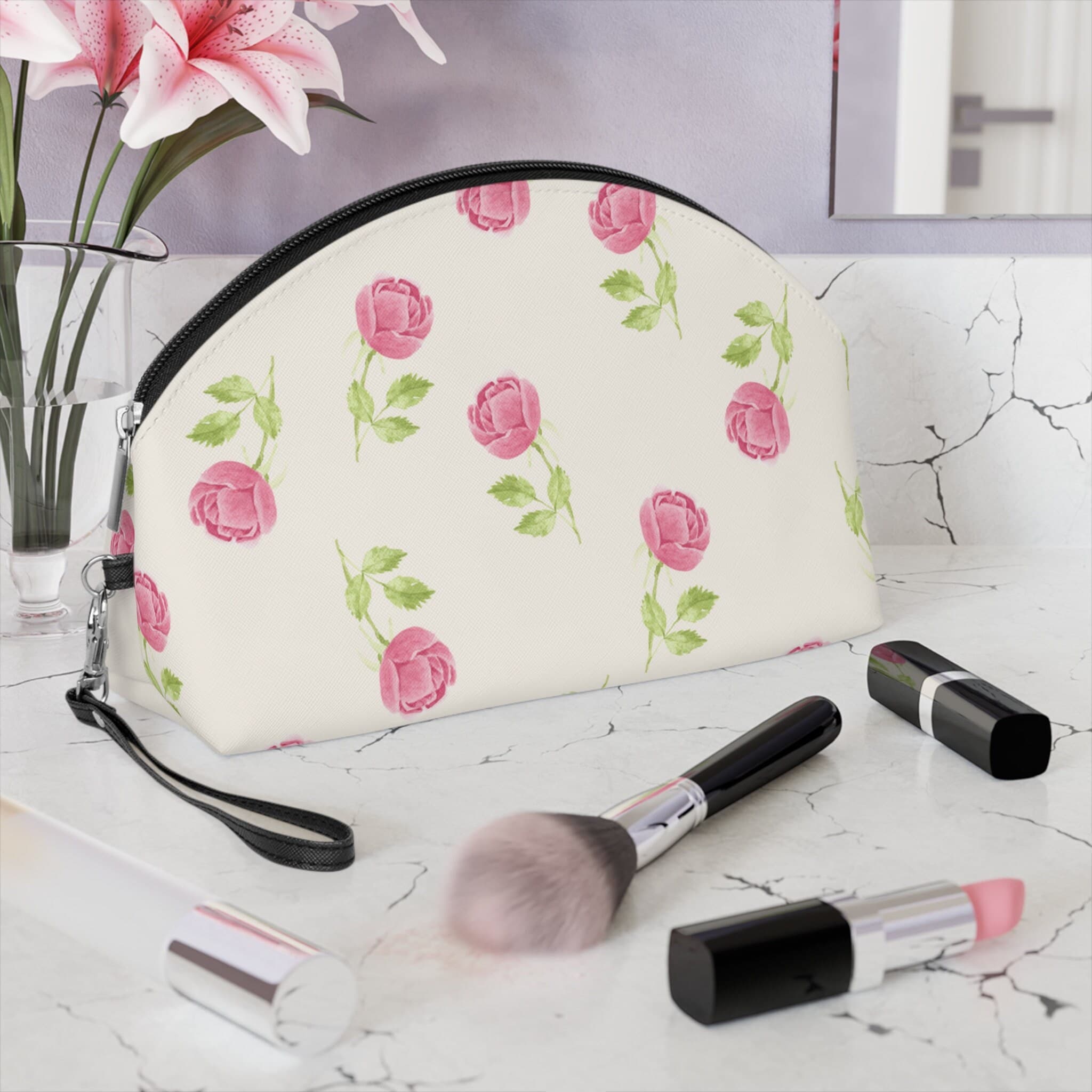 Coquette Makeup Bag, Floral Rose Pouch, Toiletry Women, Cosmetic, Faux Leather, Cute Pink Gift for Bride, Gift for Bridesmaid, Gift for Her