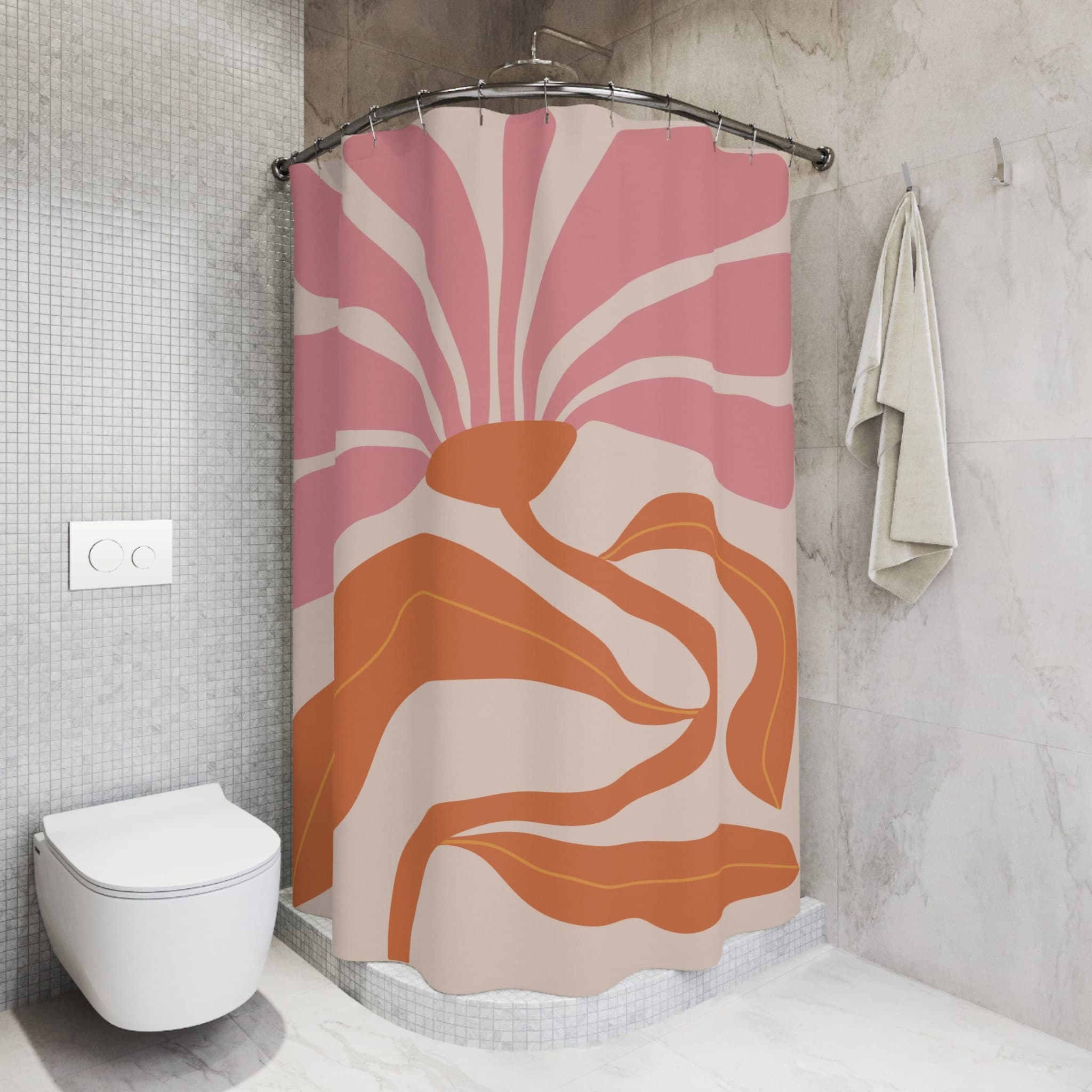 Boho Shower Curtain, Modern Abstract Aesthetic, Art Leaves Flower Waterproof Mid Century Bathroom Orange Pink Nature Plant Bathroom Decor - image 5
