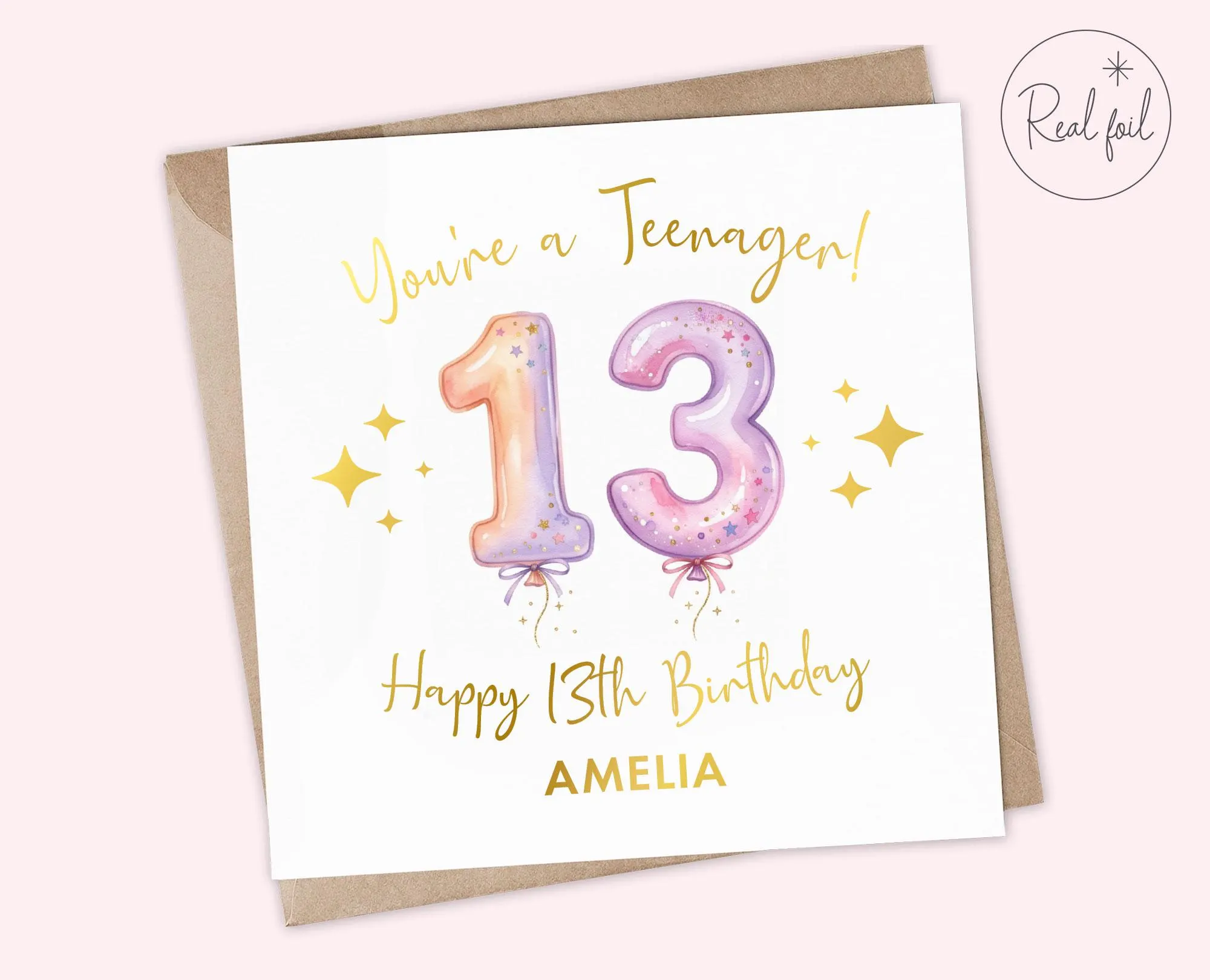 Personalised 13th Birthday Card, Real Gold Foil, Balloon Thirteenth Card, Custom Name, Teenager, Happy 13th Birthday for Her, Daughter