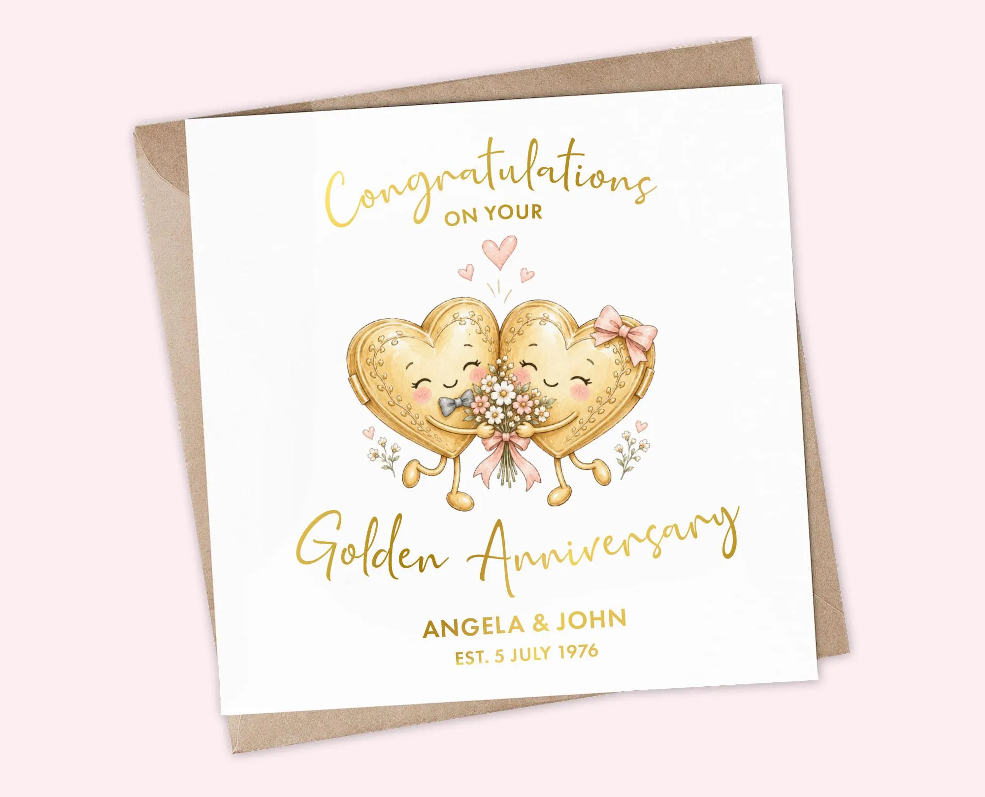 Personalised 50th Golden Wedding Anniversary Card, Cute Champagne Toast Name and Date Card for Mum & Dad, Special Couple 50 Years Married
