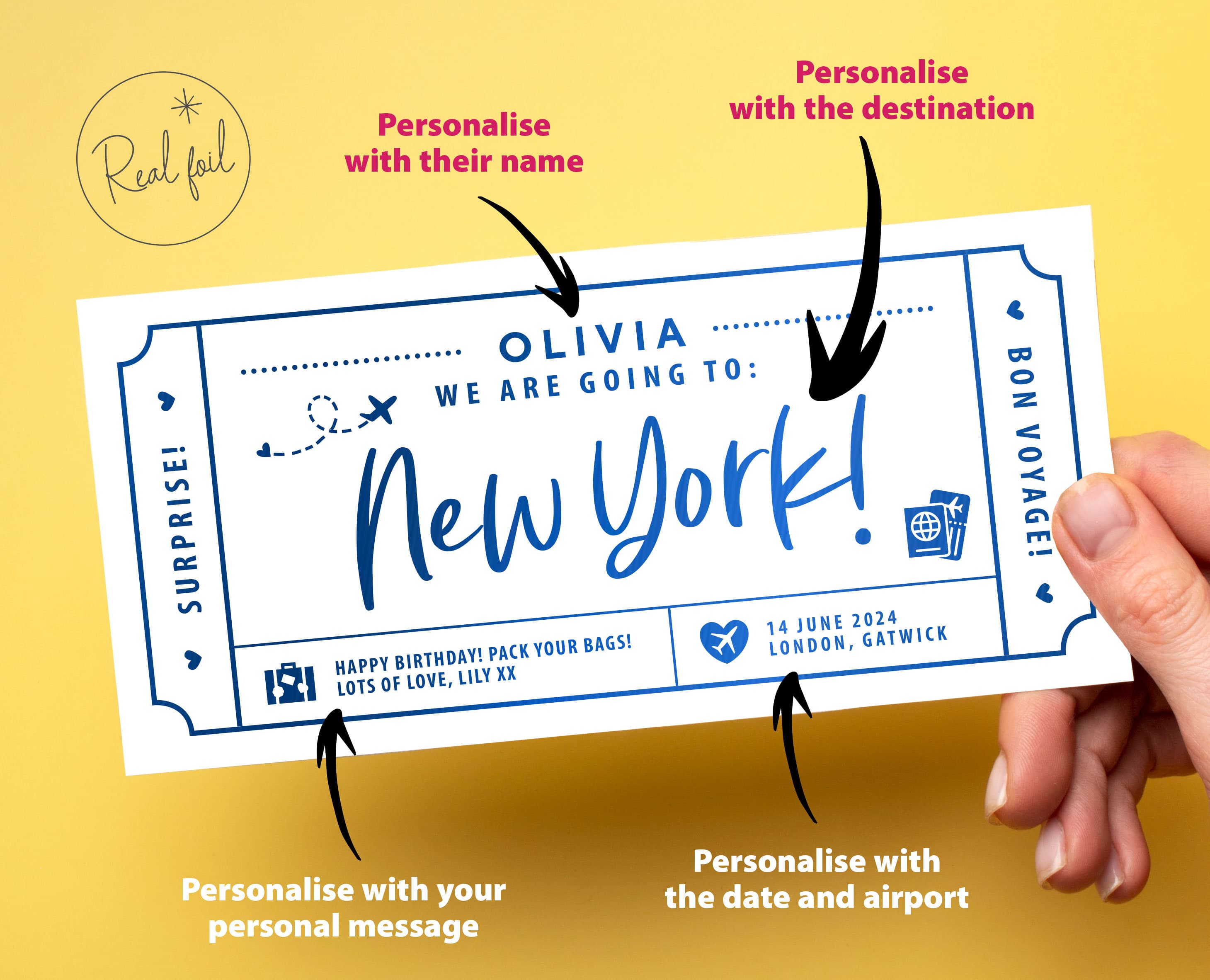 Foil Surprise Holiday Ticket, Personalised Surprise Trip Voucher, Holiday Reveal, Boarding Pass, Holiday Voucher, Birthday Surprise Ticket - image 4
