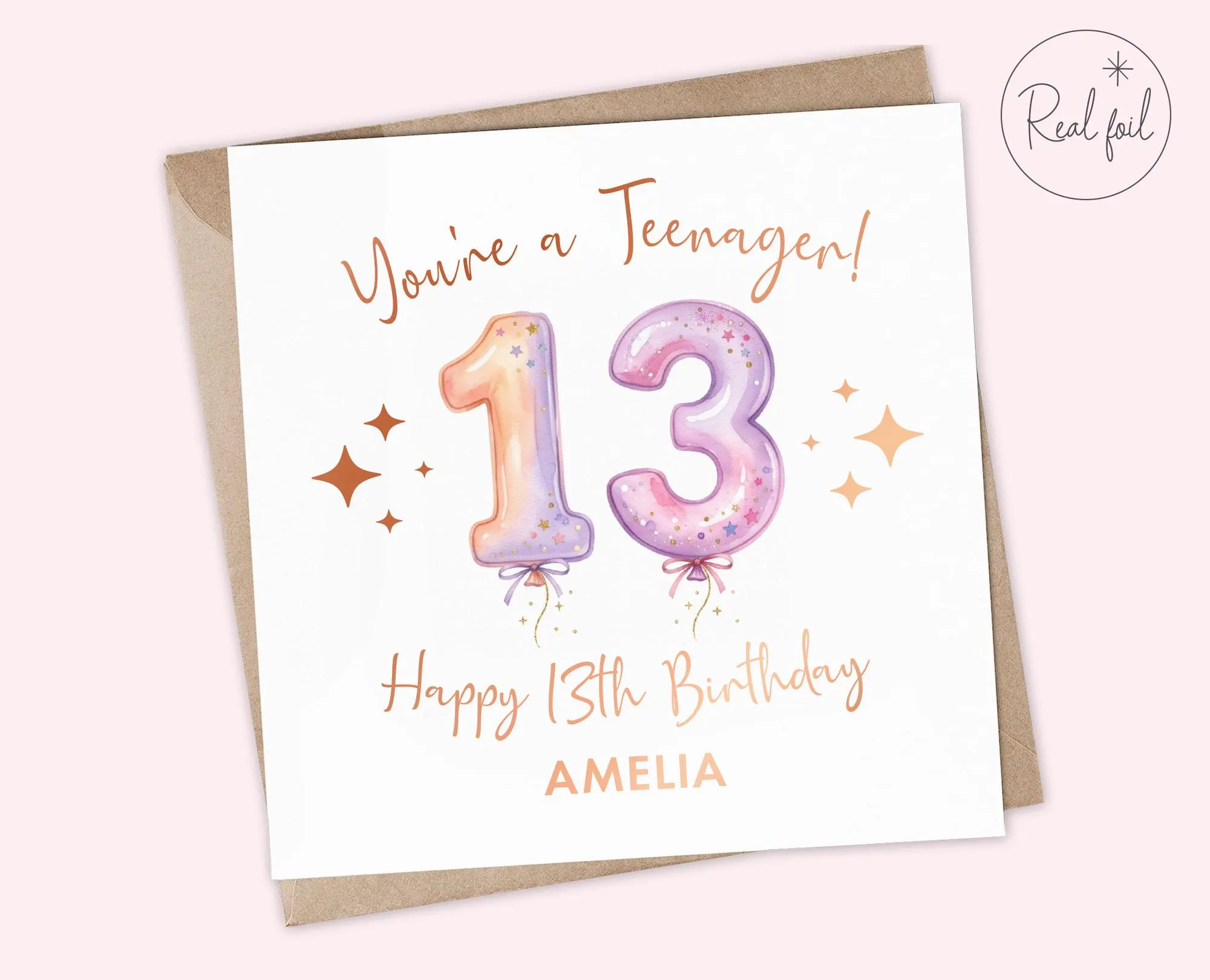 Personalised 13th Birthday Card, Real Gold Foil, Balloon Thirteenth Card, Custom Name, Teenager, Happy 13th Birthday for Her, Daughter - image 4