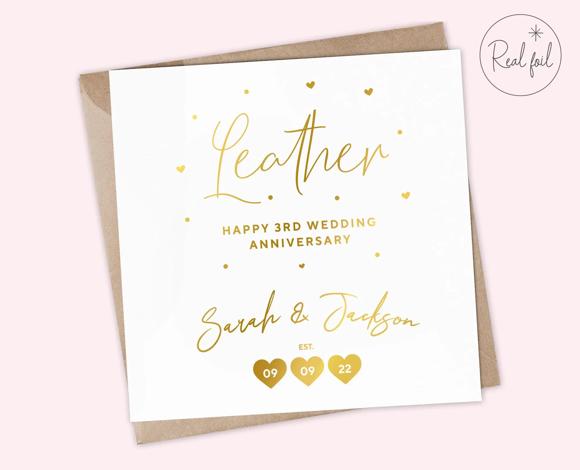 Personalised Leather 3rd Wedding Anniversary Card - Personalised Third Wedding Anniversary Card - Card for Couples - Elegant keepsake,Foiled