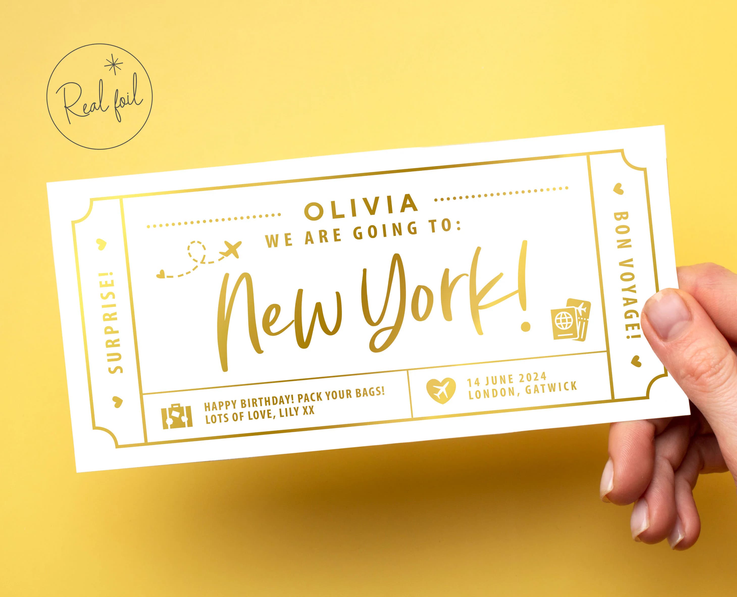 Foil Surprise Holiday Ticket, Personalised Surprise Trip Voucher, Holiday Reveal, Boarding Pass, Holiday Voucher, Birthday Surprise Ticket