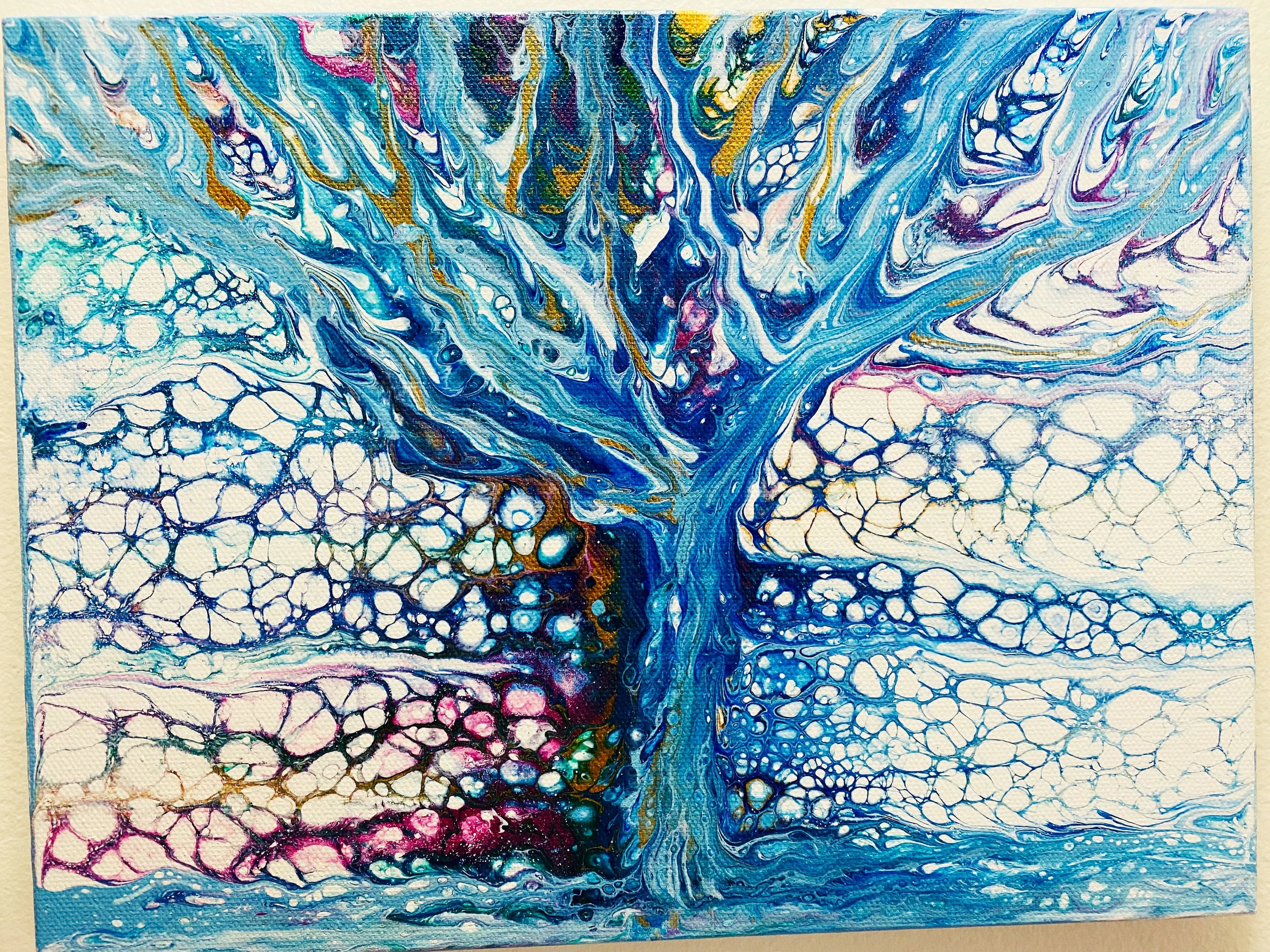 Fall and Winter Tree painting  - 9 x 12 Acrylic Pour Painting On Canvas.