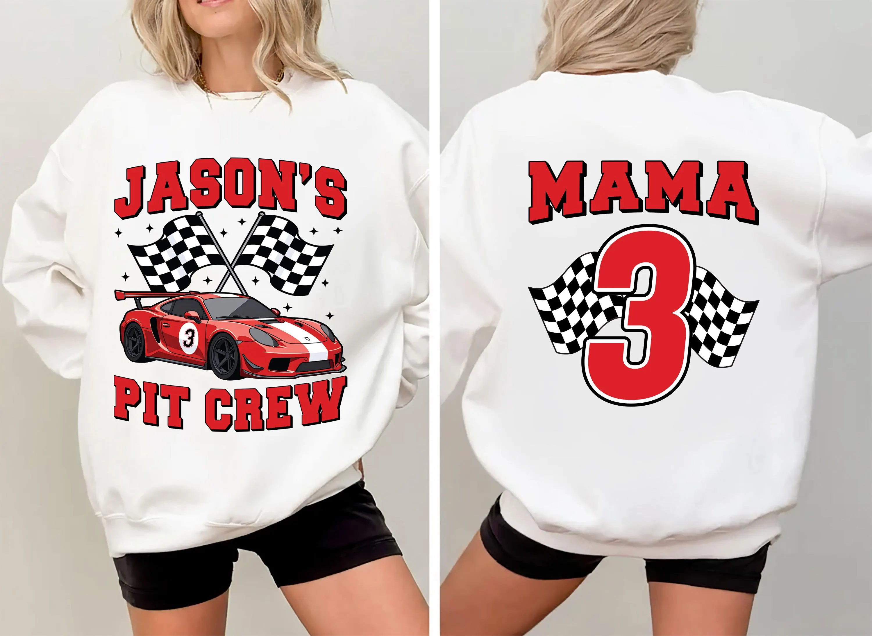 Personalized Pit Crew Sweatshirt, Custom Racing Tee, Family Matching Gift, Race Car Birthday Shirt, Unique Race Day Apparel, Front Back - image 3