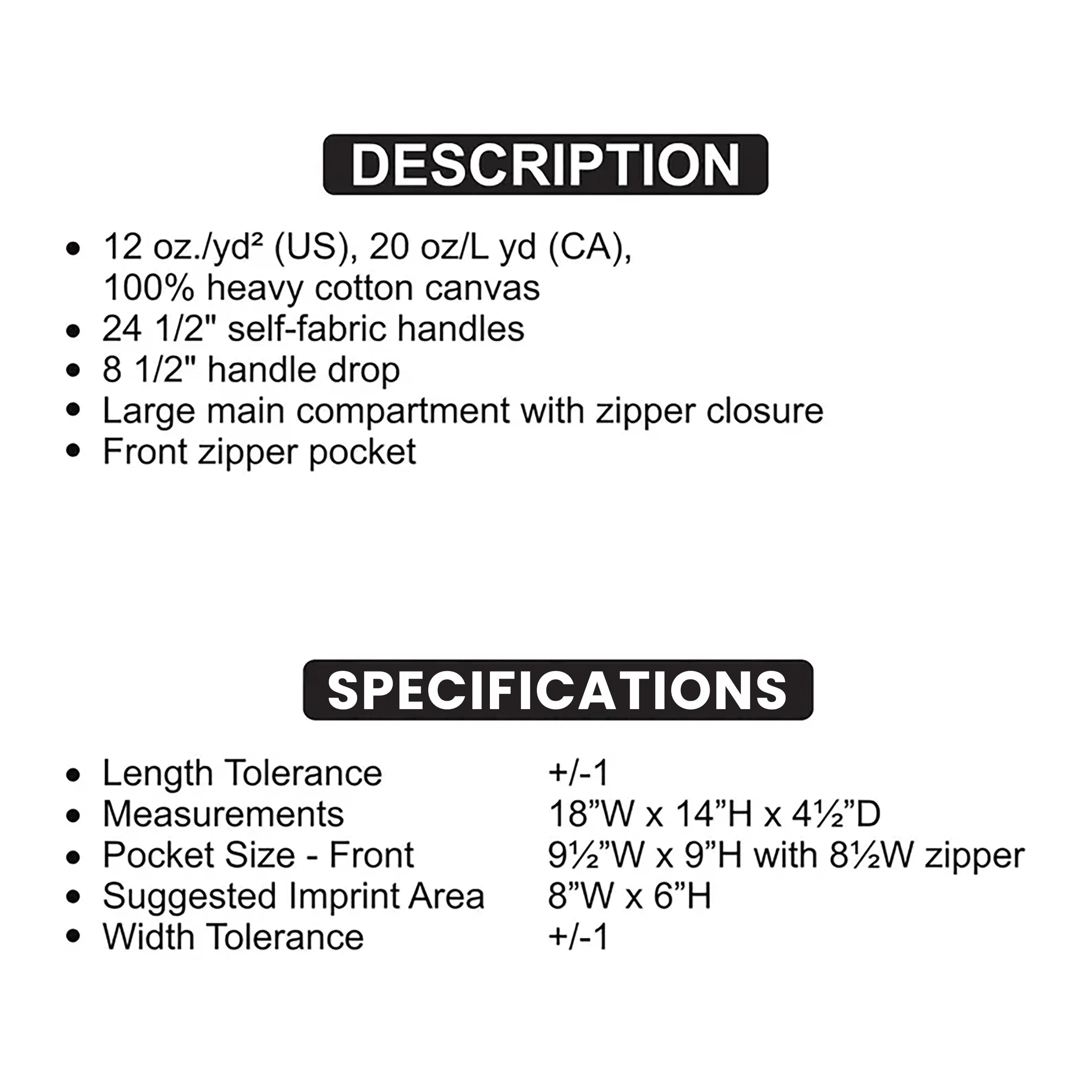 The image is a product description and specifications for a 12 oz (yd) (US) canvas, featuring 100% heavy cotton canvas, 24 1/2" self-fabric handles, 8 1/2" handle drop, and a large main compartment with zipper closure.