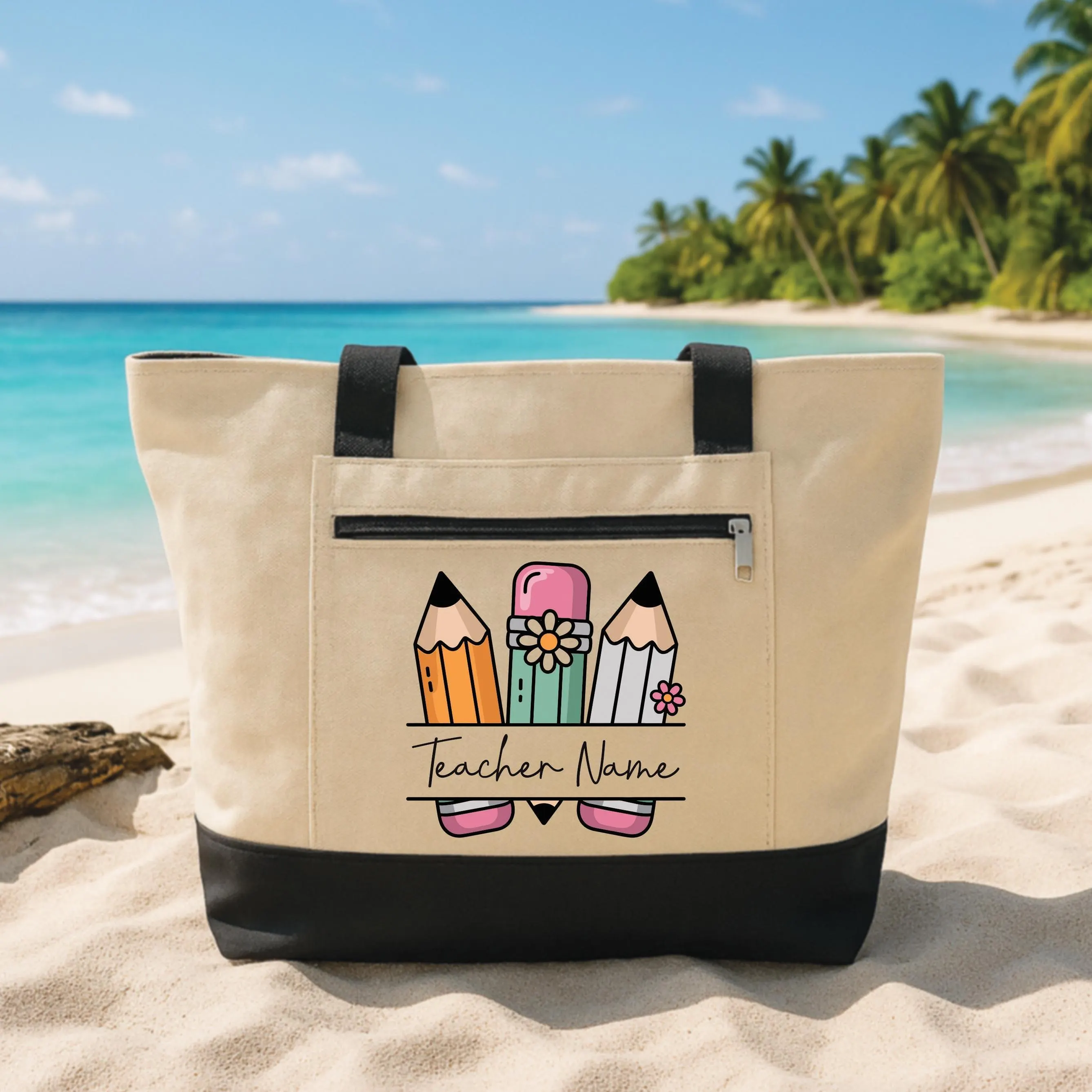 Custom Teacher Tote Bag with Zipper, Personalized Teacher Name Pencil Bag, Floral Teacher Gift, Classroom Supplies Tote, Back to School Bag