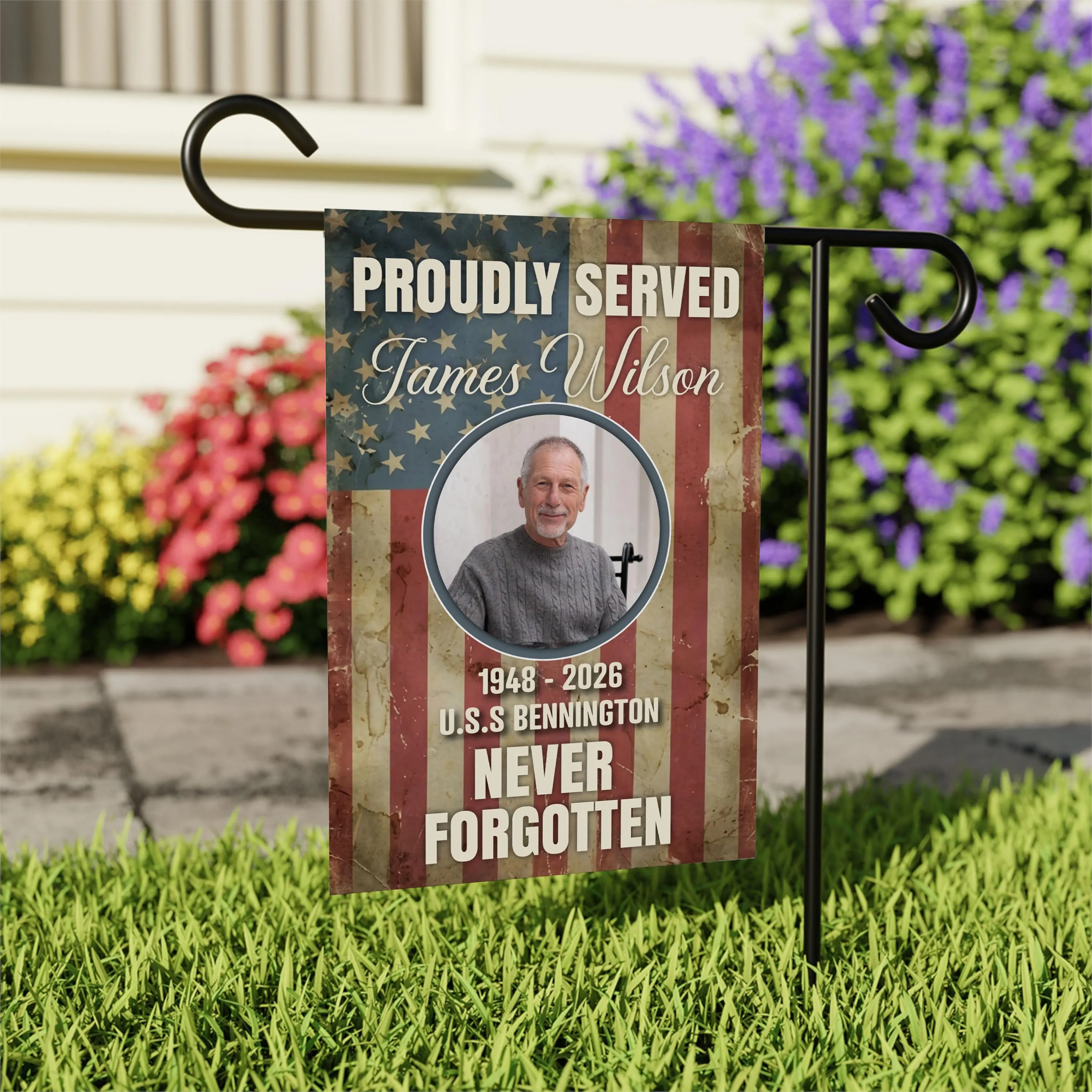 Personalized Veteran Memorial Garden Flag, 12x18 Double Sided Outdoor Decor, Custom Memorial Flag, Military Photo Tribute, Sympathy Gift