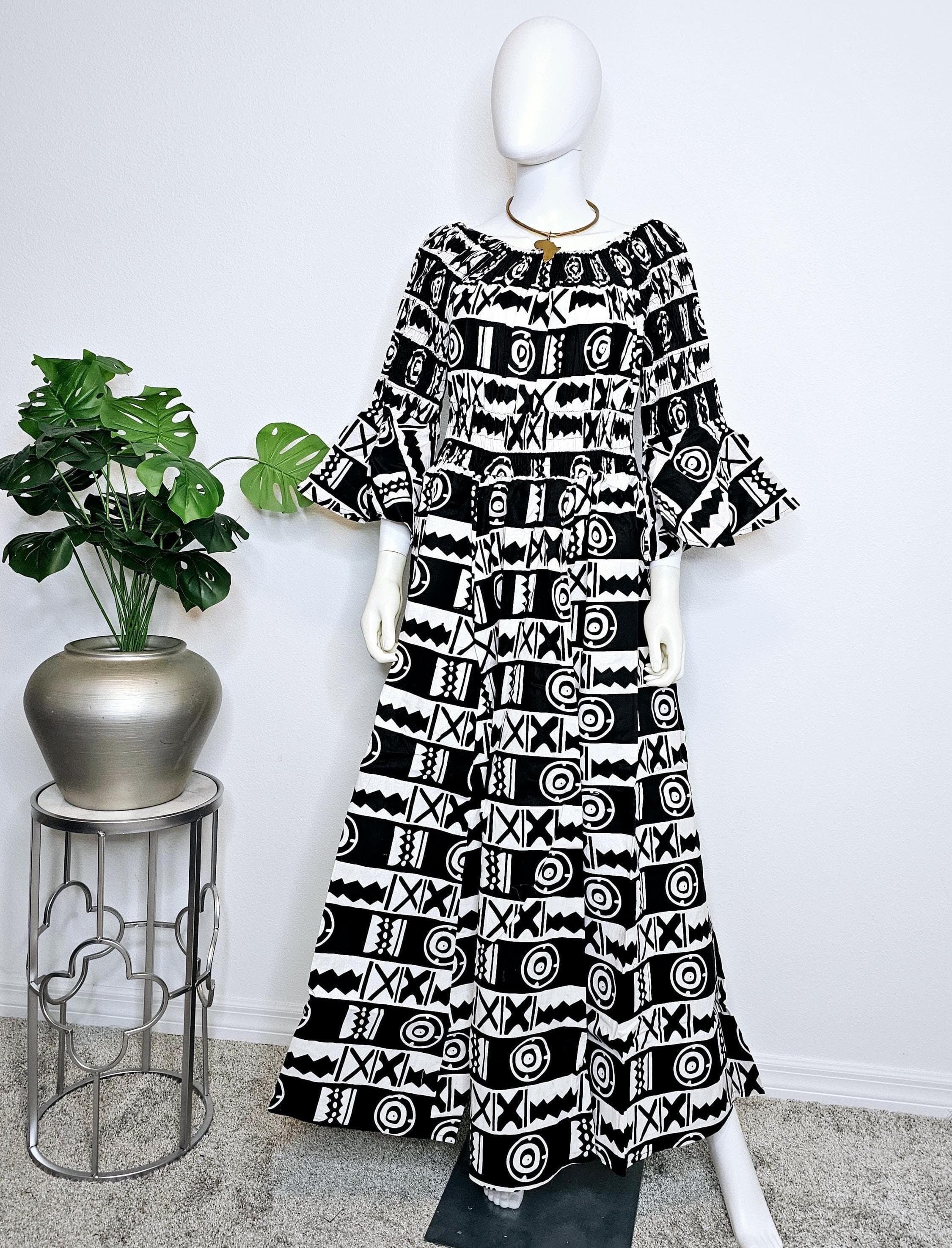 African Ankara Print Maxi Dress with Headwrap: Smocked Off-Shoulder Cotton