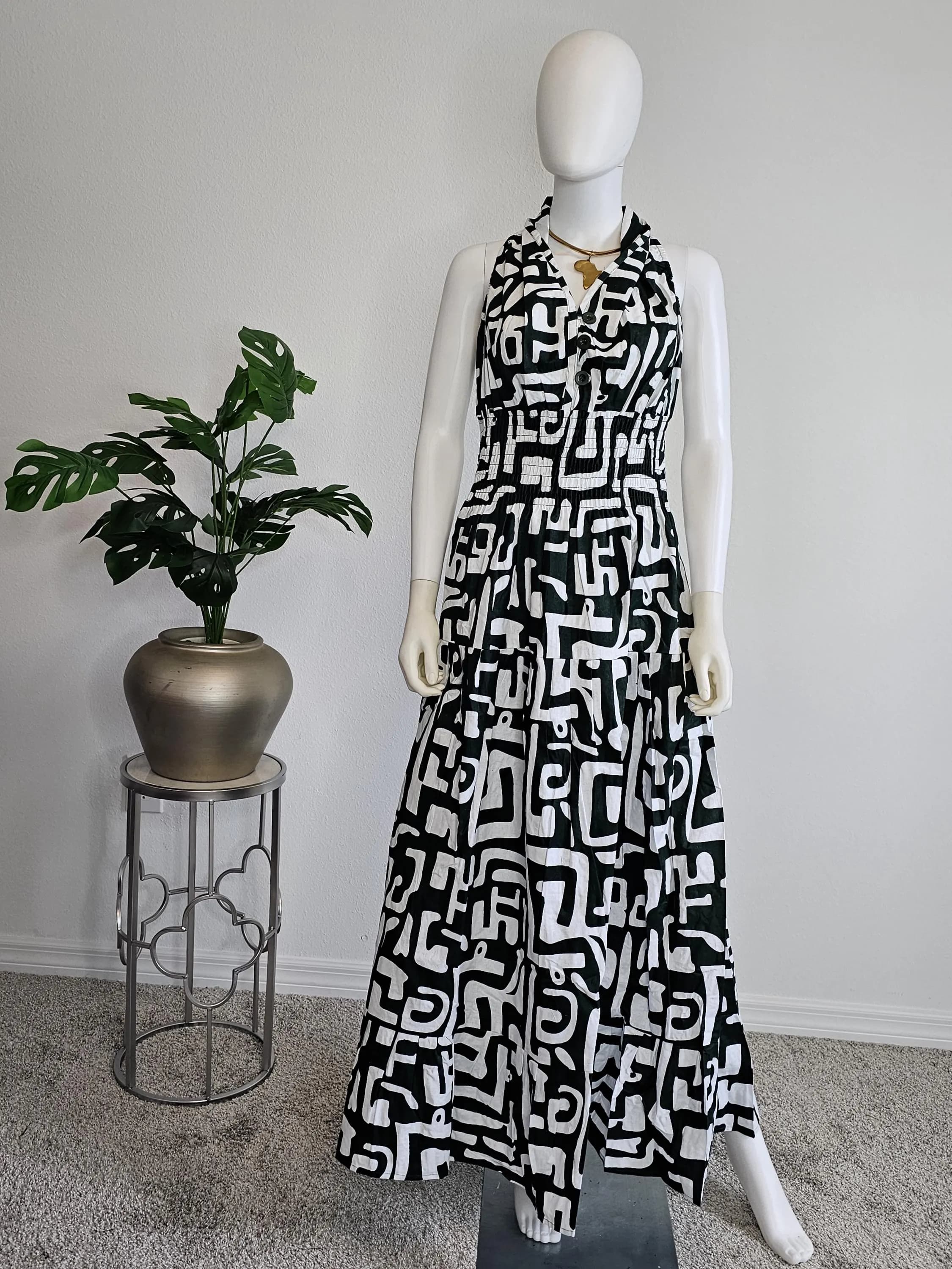 Green & White African Ankara Style Print Long Smocked Maxi Sundress with Head Scarf - image 3