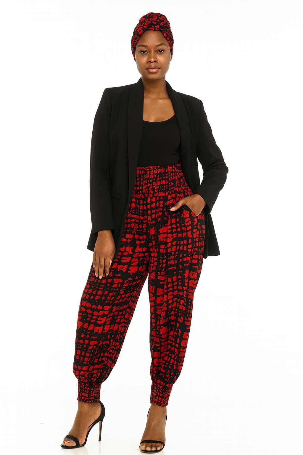 Red and Black Print Harem Pants with Matching Scarf - Smocked Waist - One Size