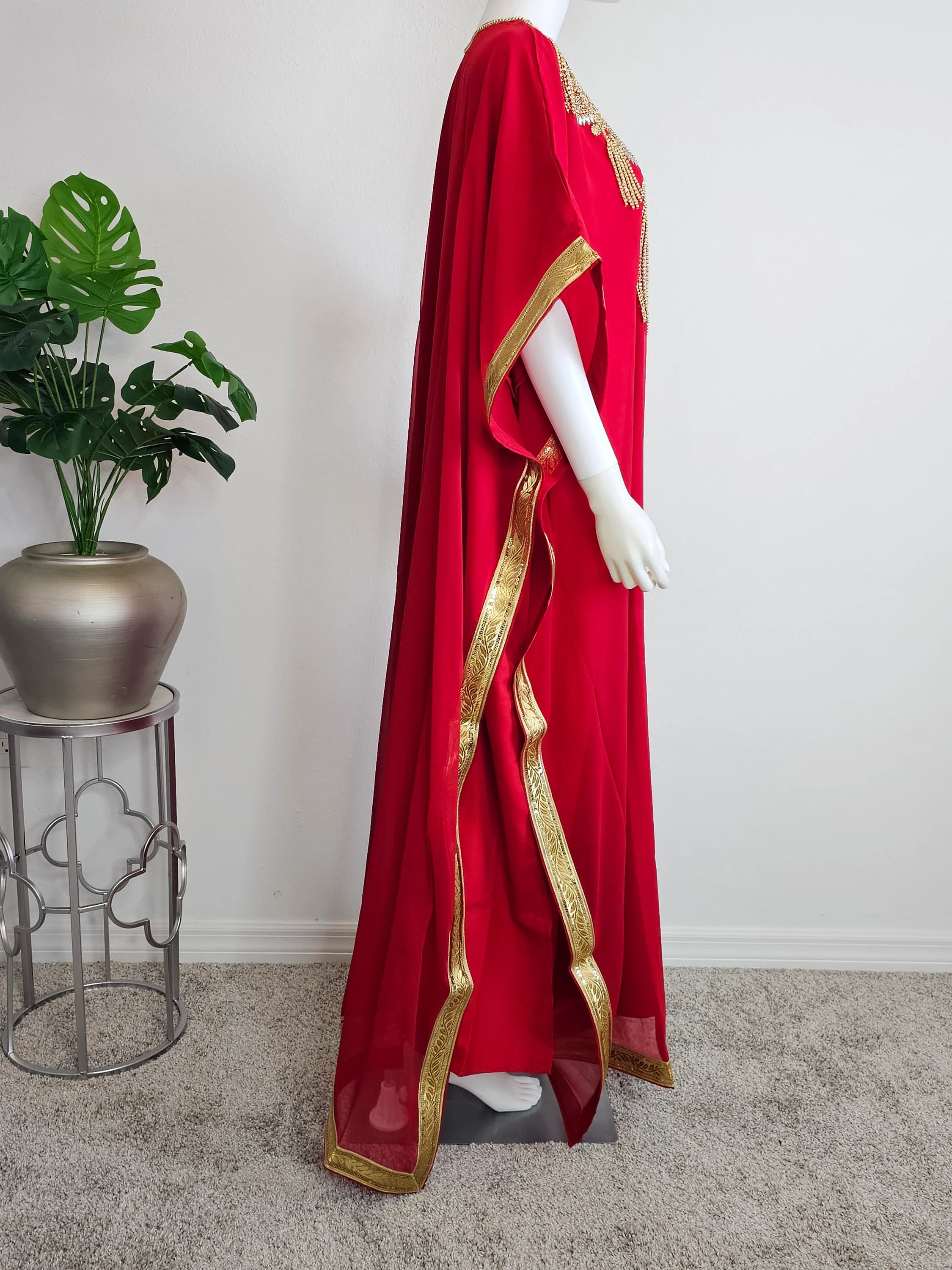 Beautiful Moroccan Beaded Long Chiffon Kaftan Maxi Dress with Headwrap scarf - One Size Fits M to 3XL - image 5