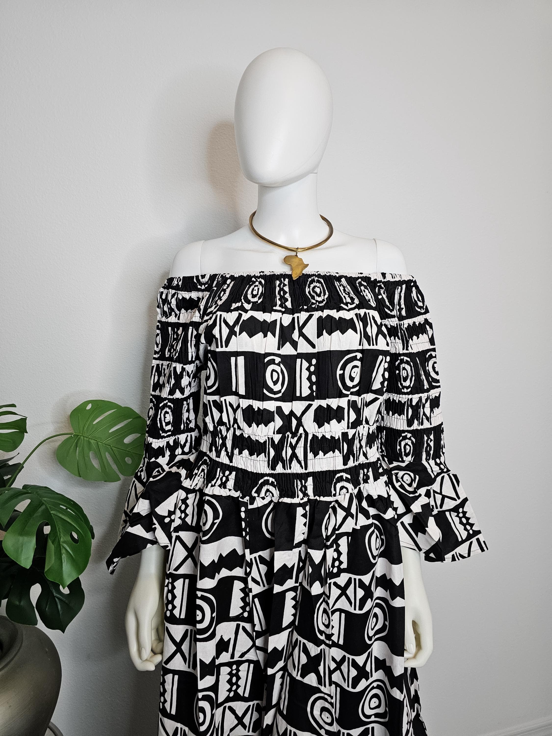 African Ankara Print Maxi Dress with Headwrap: Smocked Off-Shoulder Cotton - image 5