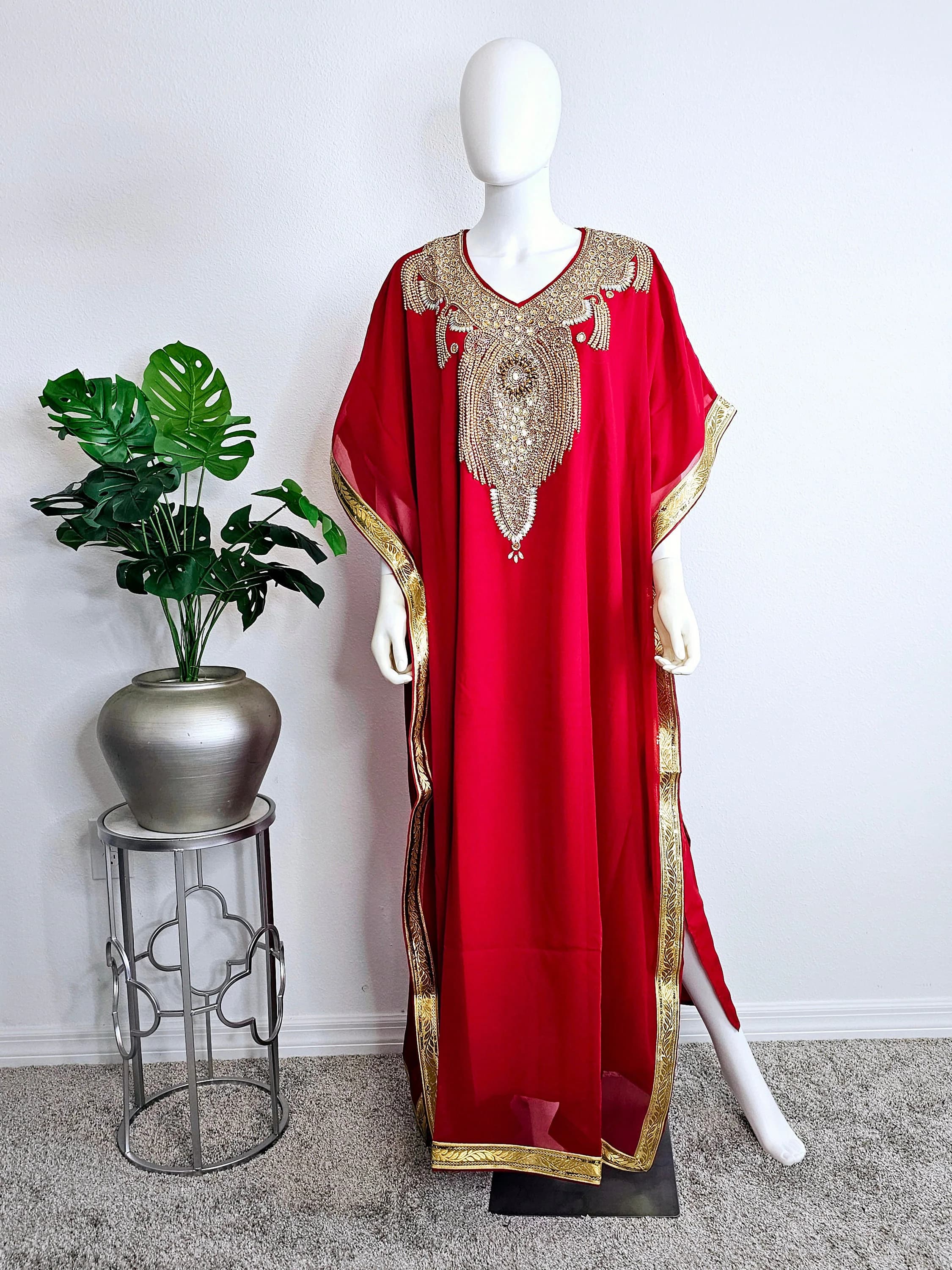 Beautiful Moroccan Beaded Long Chiffon Kaftan Maxi Dress with Headwrap scarf - One Size Fits M to 3XL
