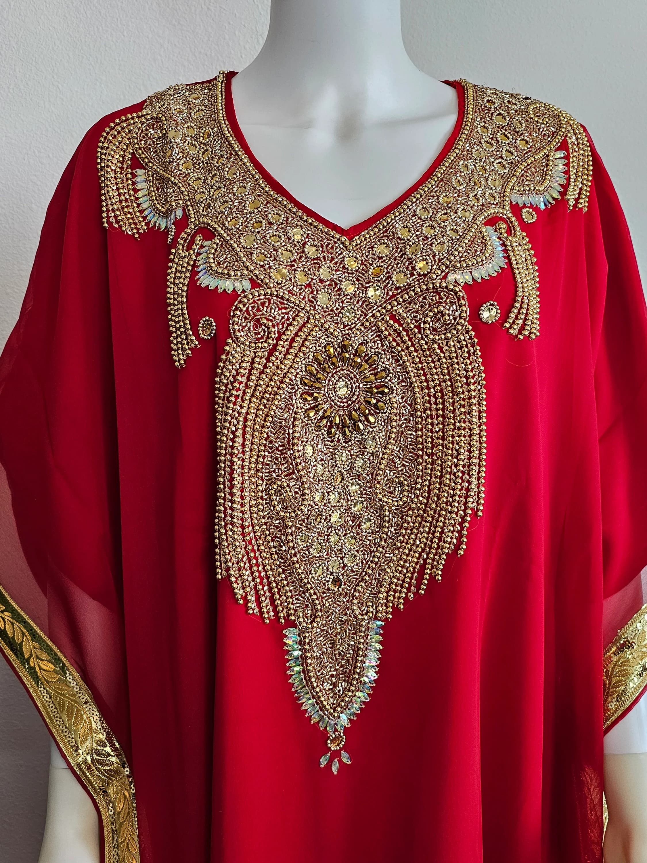 Beautiful Moroccan Beaded Long Chiffon Kaftan Maxi Dress with Headwrap scarf - One Size Fits M to 3XL - image 3