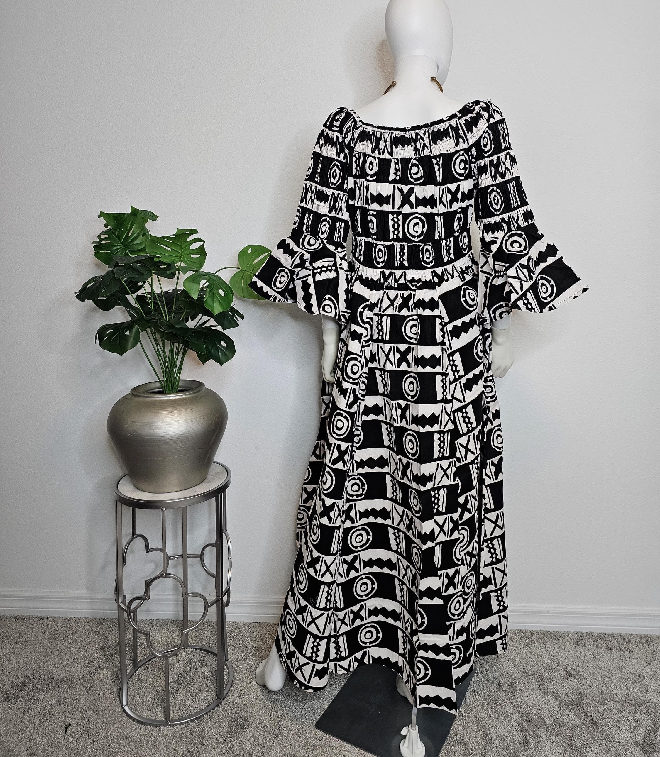 African Ankara Print Maxi Dress with Headwrap: Smocked Off-Shoulder Cotton - image 3