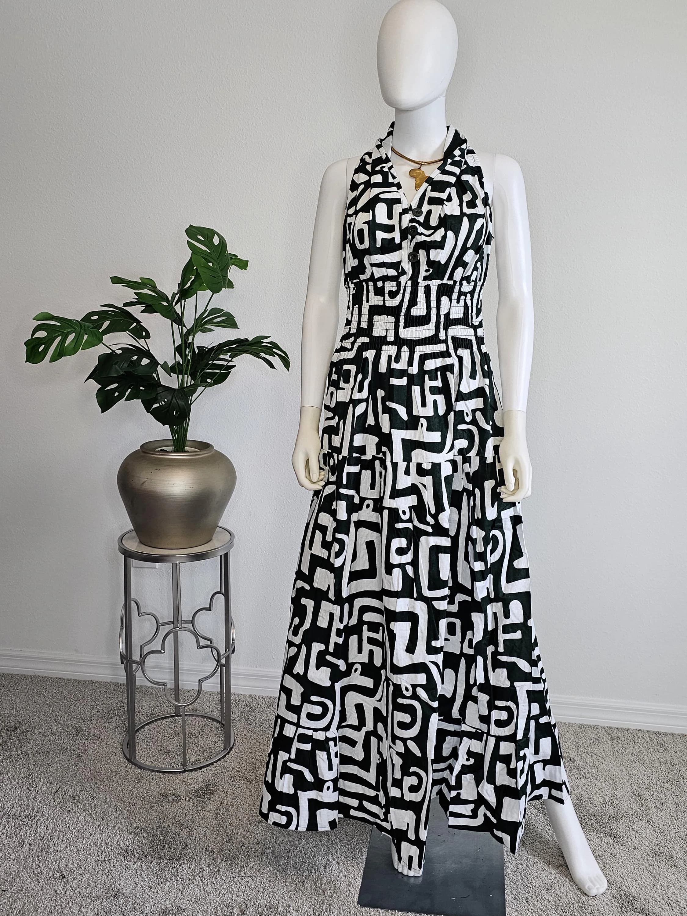 Green & White African Ankara  Style Print Long Smocked Maxi Sundress with Head Scarf