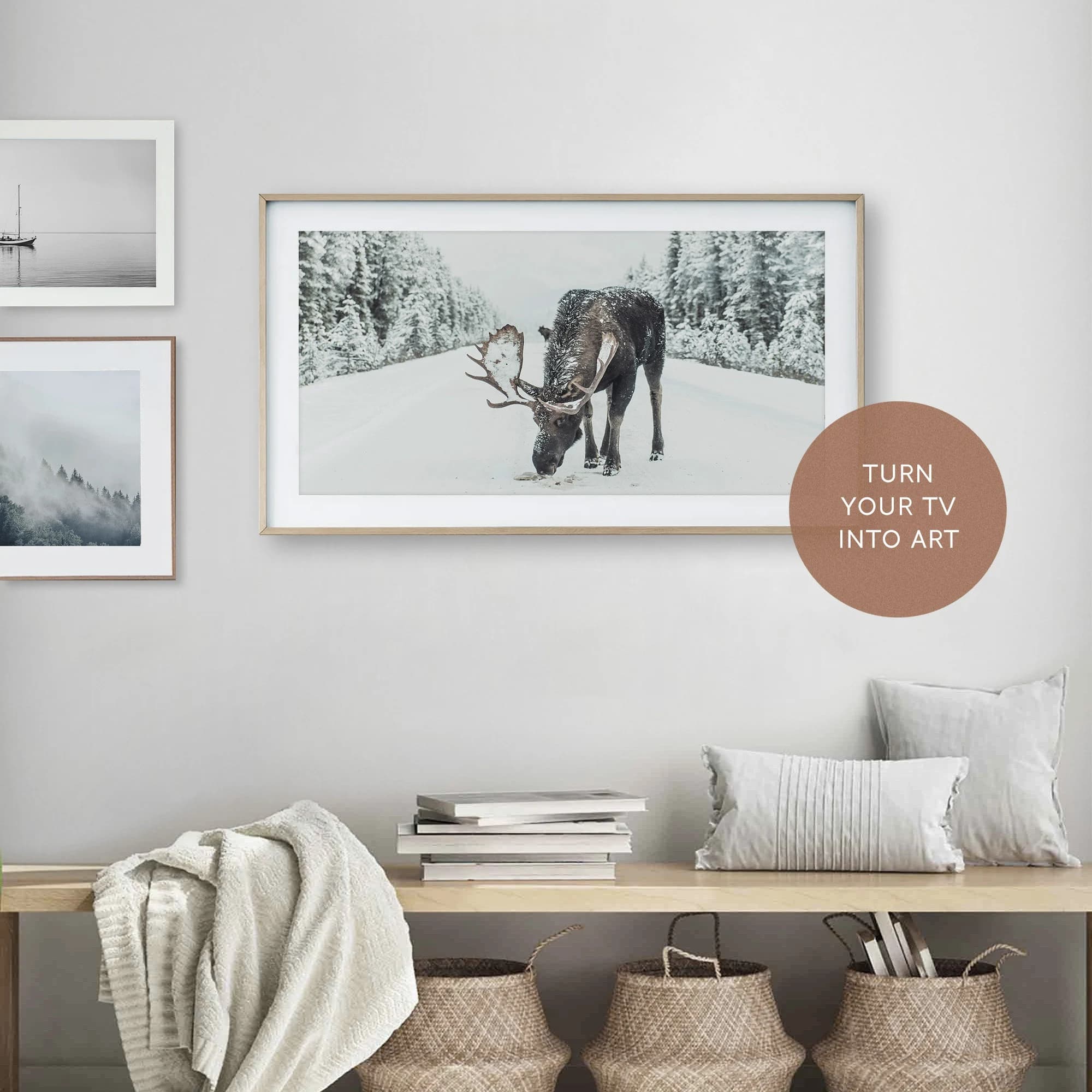Samsung Frame Tv Art, Digital Christmas Art, Winter Art, Moose in Snow, Winter Nature Tv Art, Samsung Art TV, Digital Download, Snowy Road - image 3