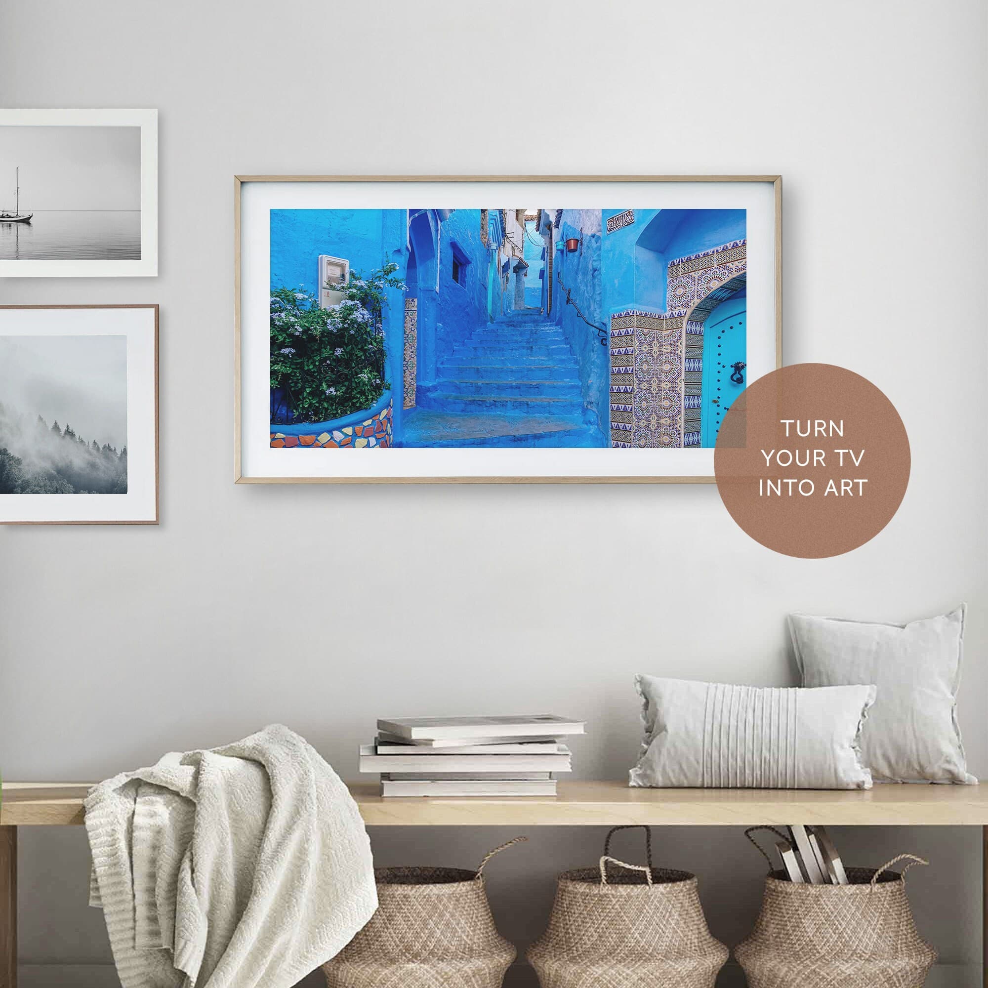 Samsung Frame TV Art, Morocco City Photo, Blue Concrete Alley Stairs, Chefchaouen Morocco, Travel, Frame TV Art, Mosaic Moroccan Tiles - image 3