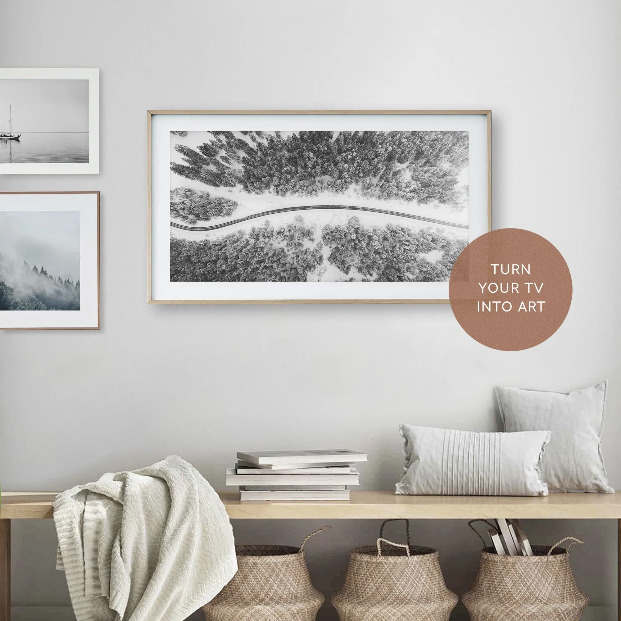 Samsung Frame TV Art, Winter Road Arial Photography, Snow Covered Pine Trees, Winter Art Nordic Decor, Scandinavian Art Digital Art Download - image 4