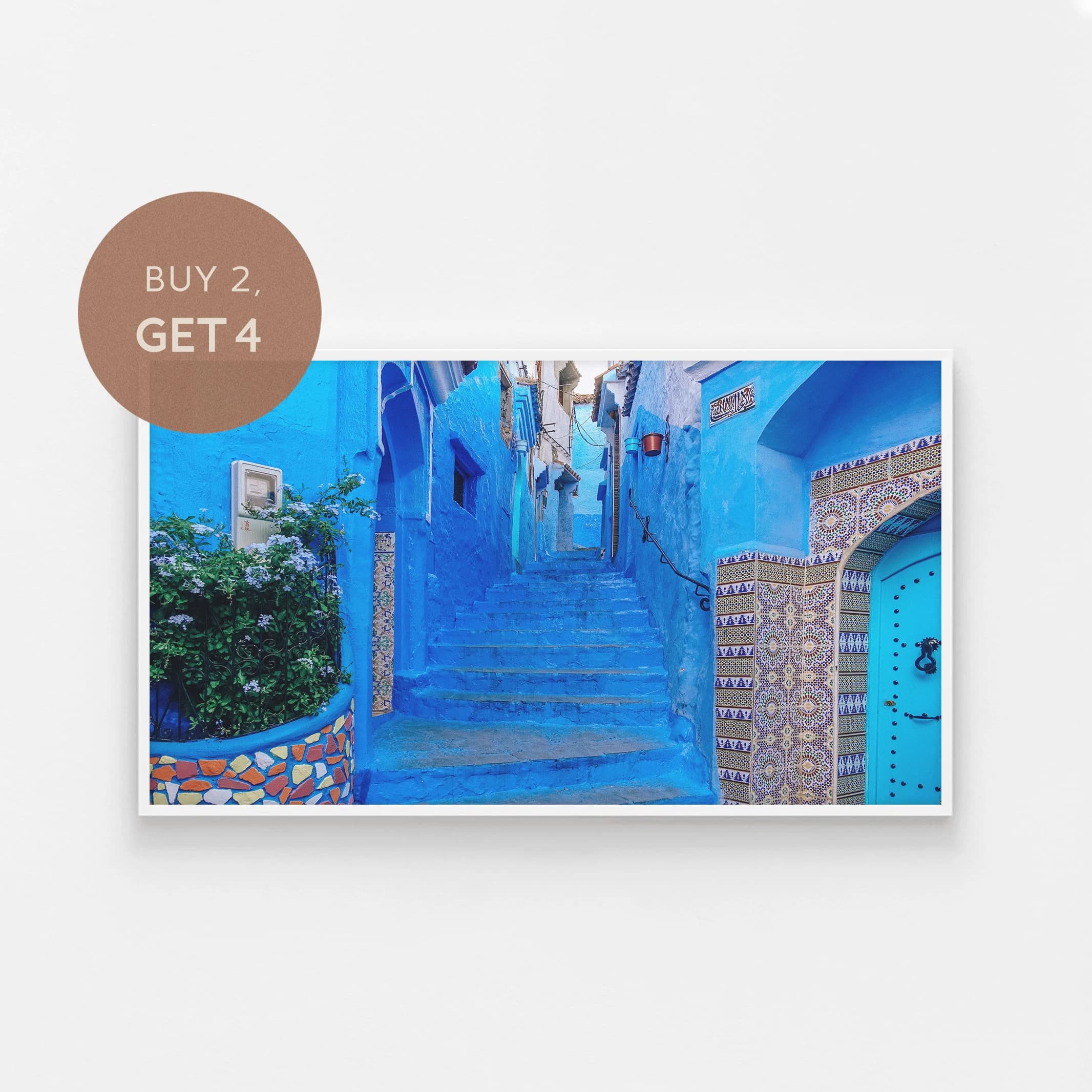 Samsung Frame TV Art, Morocco City Photo, Blue Concrete Alley Stairs, Chefchaouen Morocco, Travel, Frame TV Art, Mosaic Moroccan Tiles