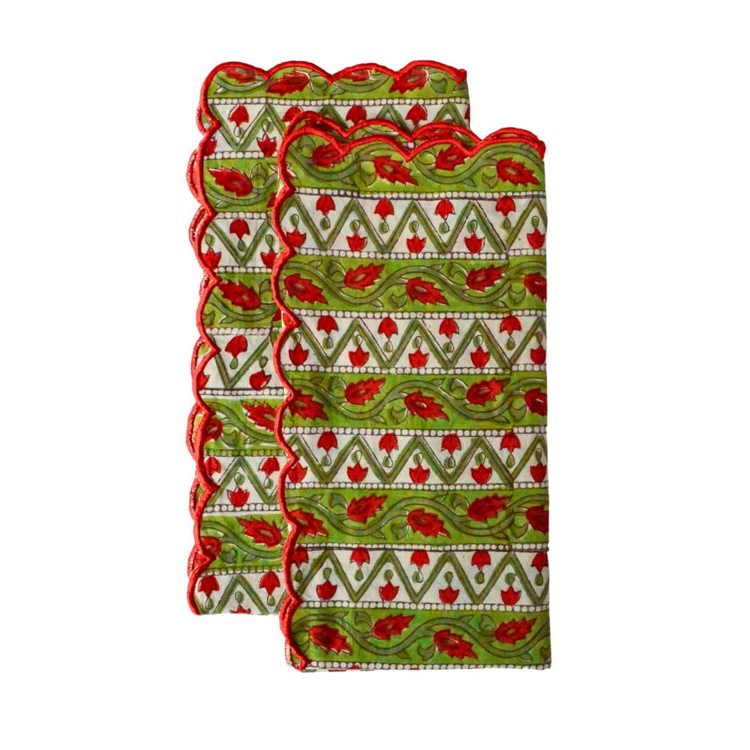 Hand Block Print Napkins (Set of 2) - Floral Scallop Edge, Organic Cotton