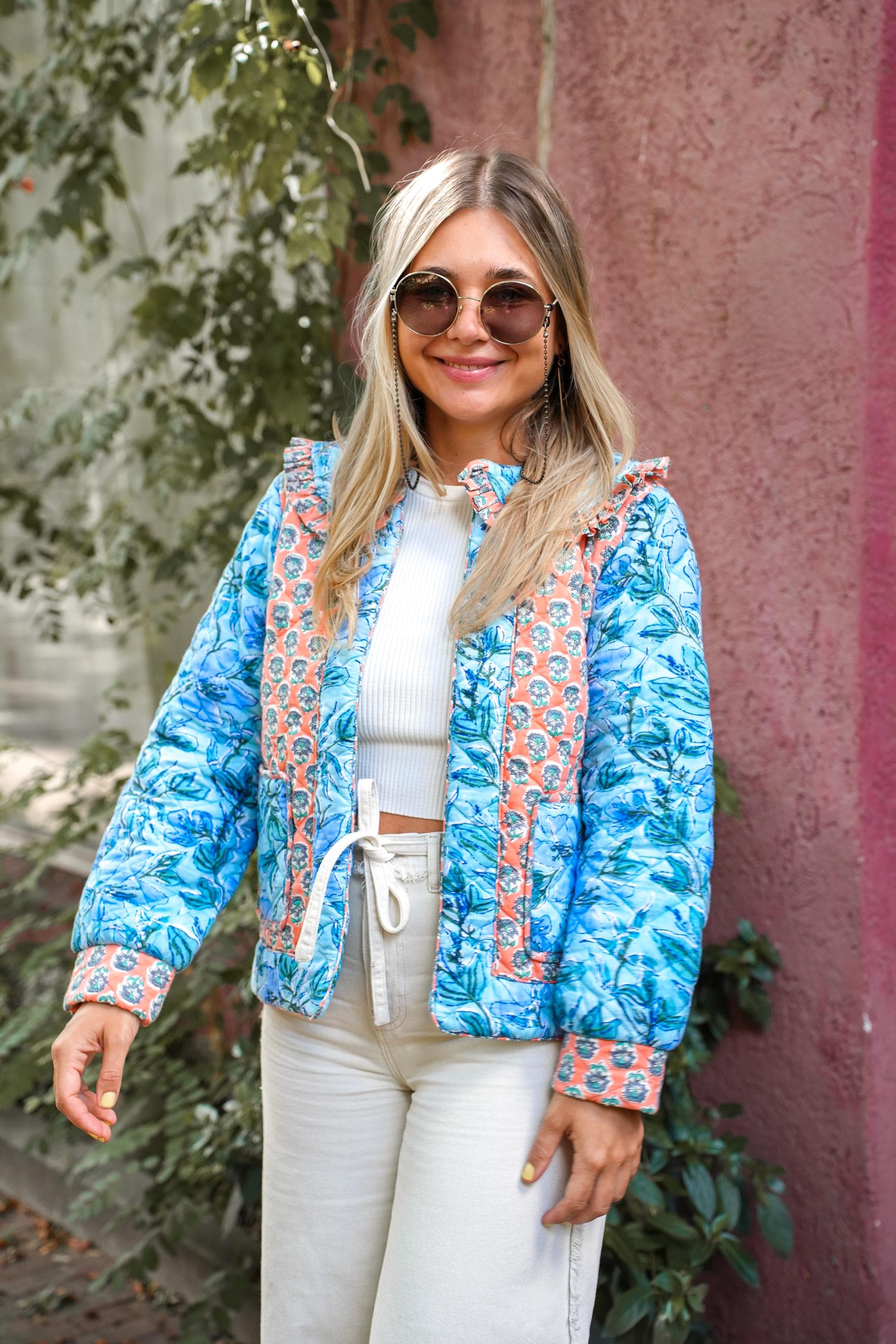 Hand Block Printed Quilted Jacket: Organic Cotton Floral Ruffle Collar - image 3