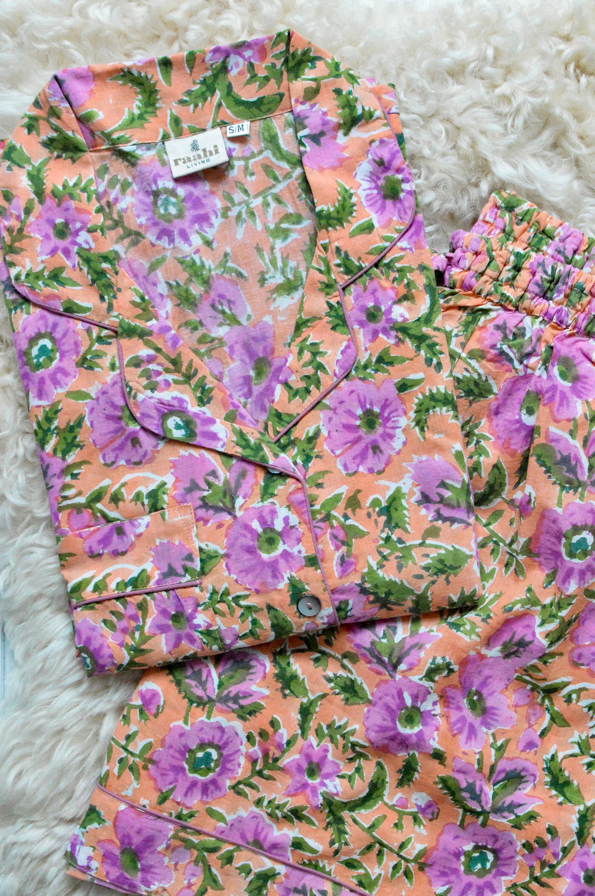 Hand Block Printed Organic Cotton Pajama Set, Peach Floral PJs - image 3