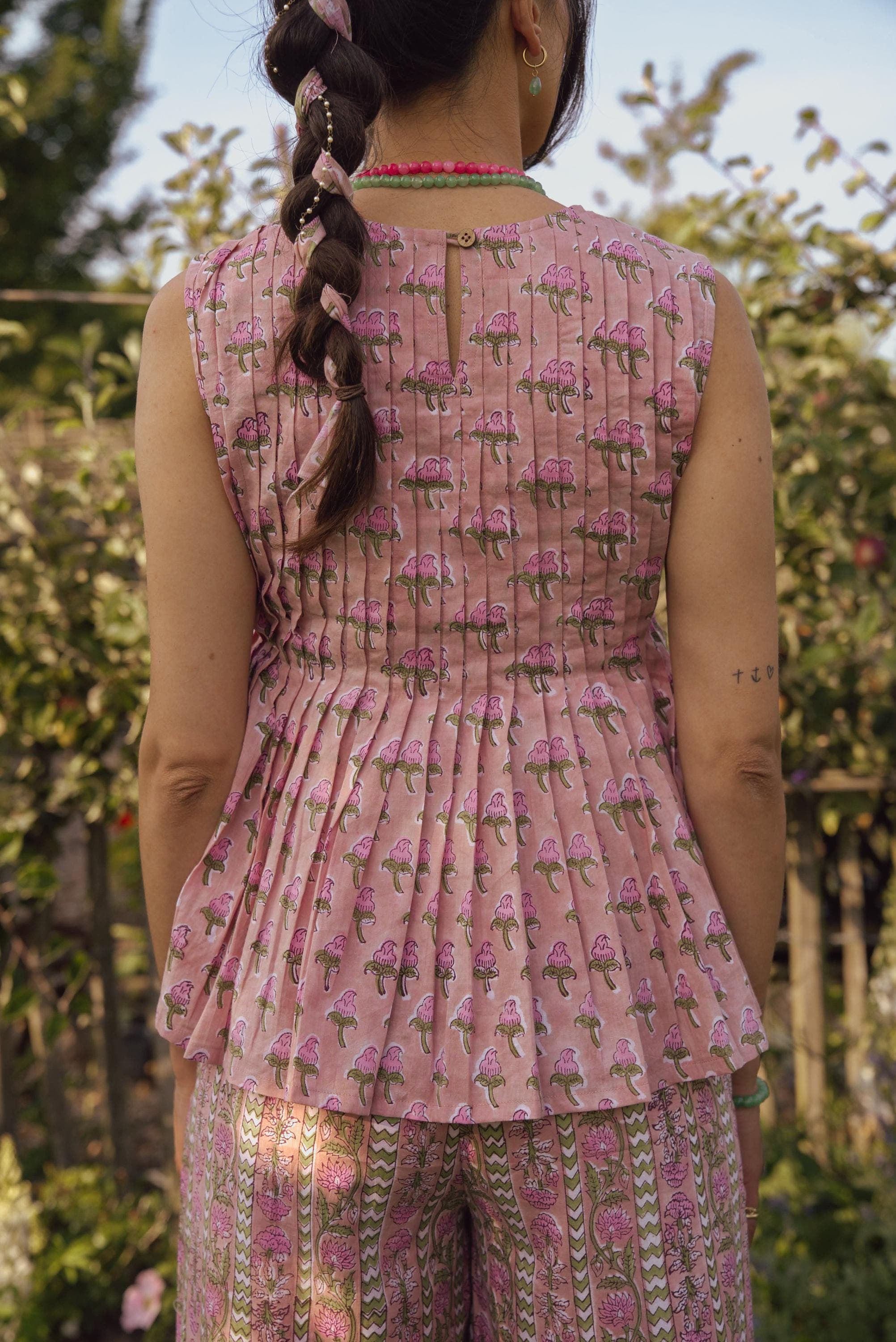 Hand Block Printed Cotton Co-ord Set: Pleated Top, Wide Leg Pants - image 5
