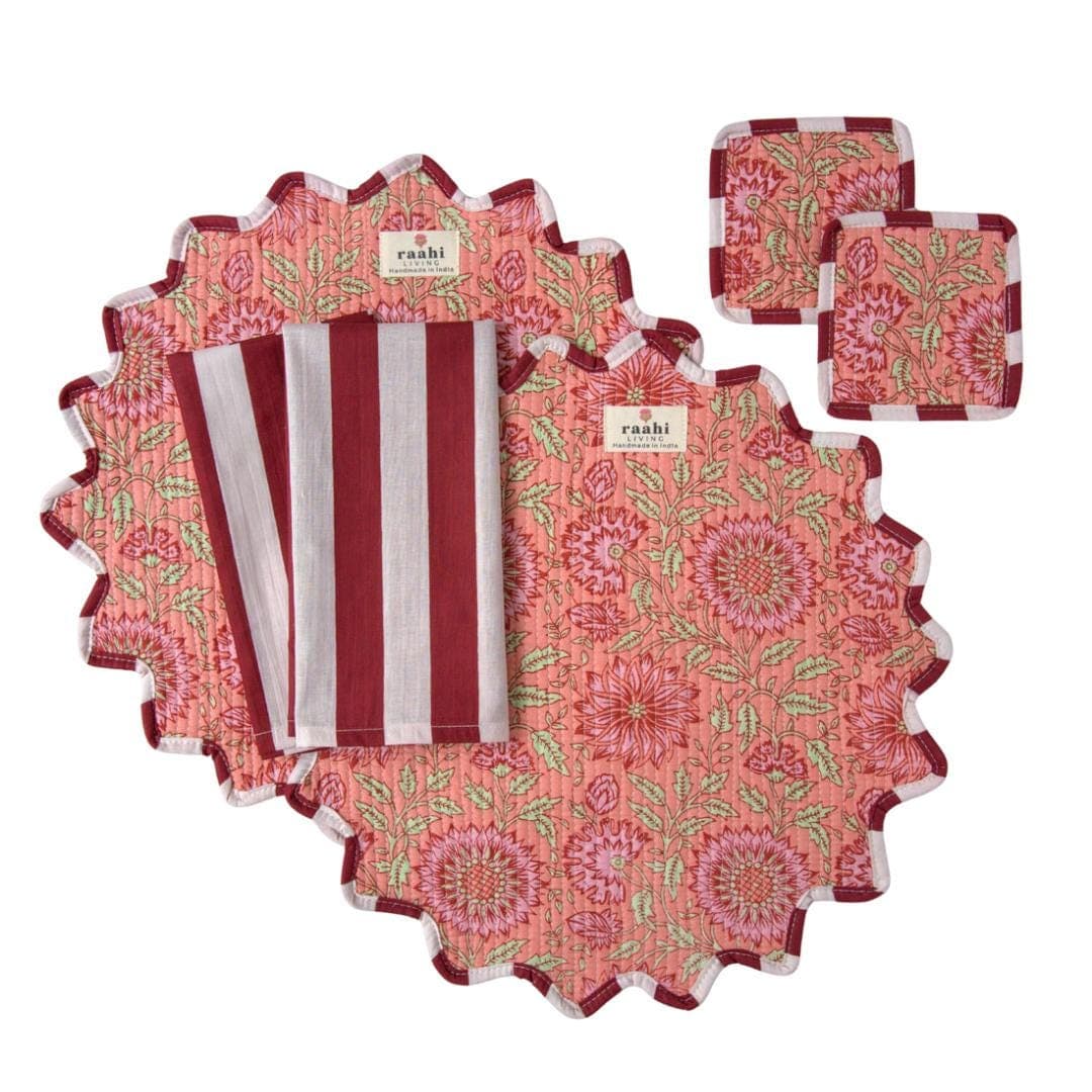 Quilted Round Pink Block Printed Scalloped Placemats Set of 2| Reversible Cotton Table Linens with Napkins & Coasters | Hand Blocked Decor - image 3