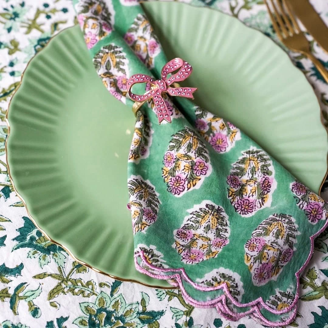 Hand Block Print Napkins, Set of 2: Floral, Scallop Edge - image 3