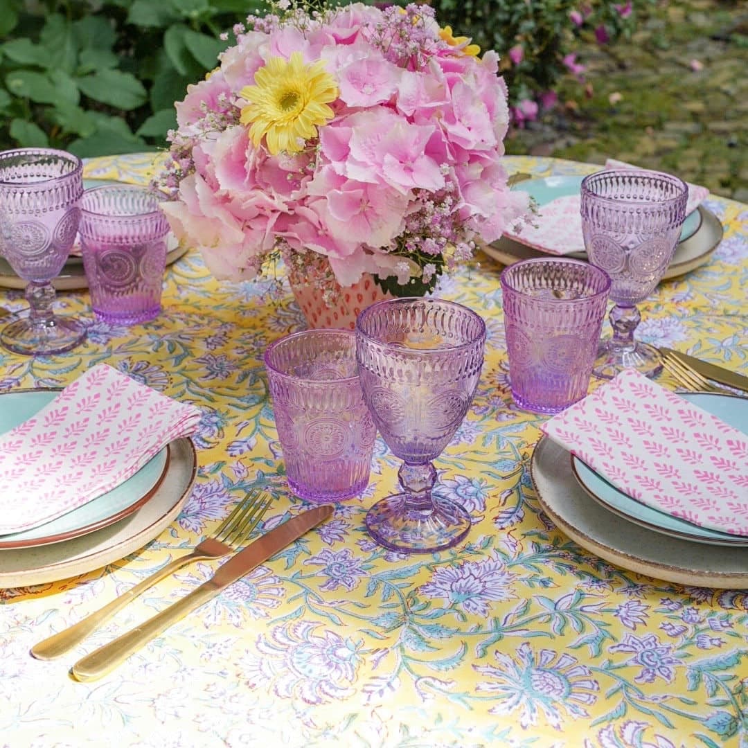 Yellow Floral Tablecloth, Hand Block Print, 100% Cotton (225x275cm) - image 3