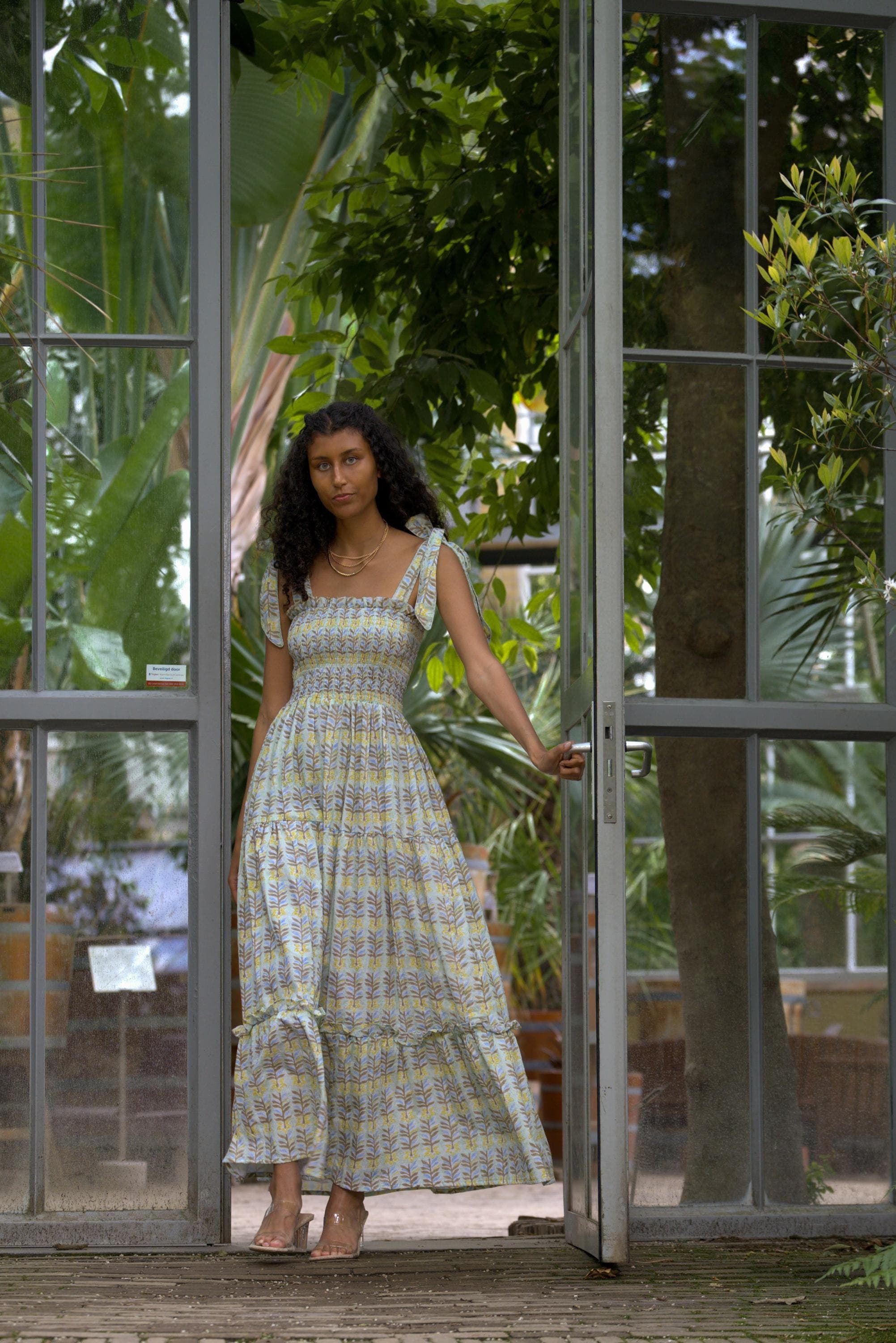 Hand Block-Printed Organic Cotton Maxi Dress: Floral Smocked Bodice - image 3