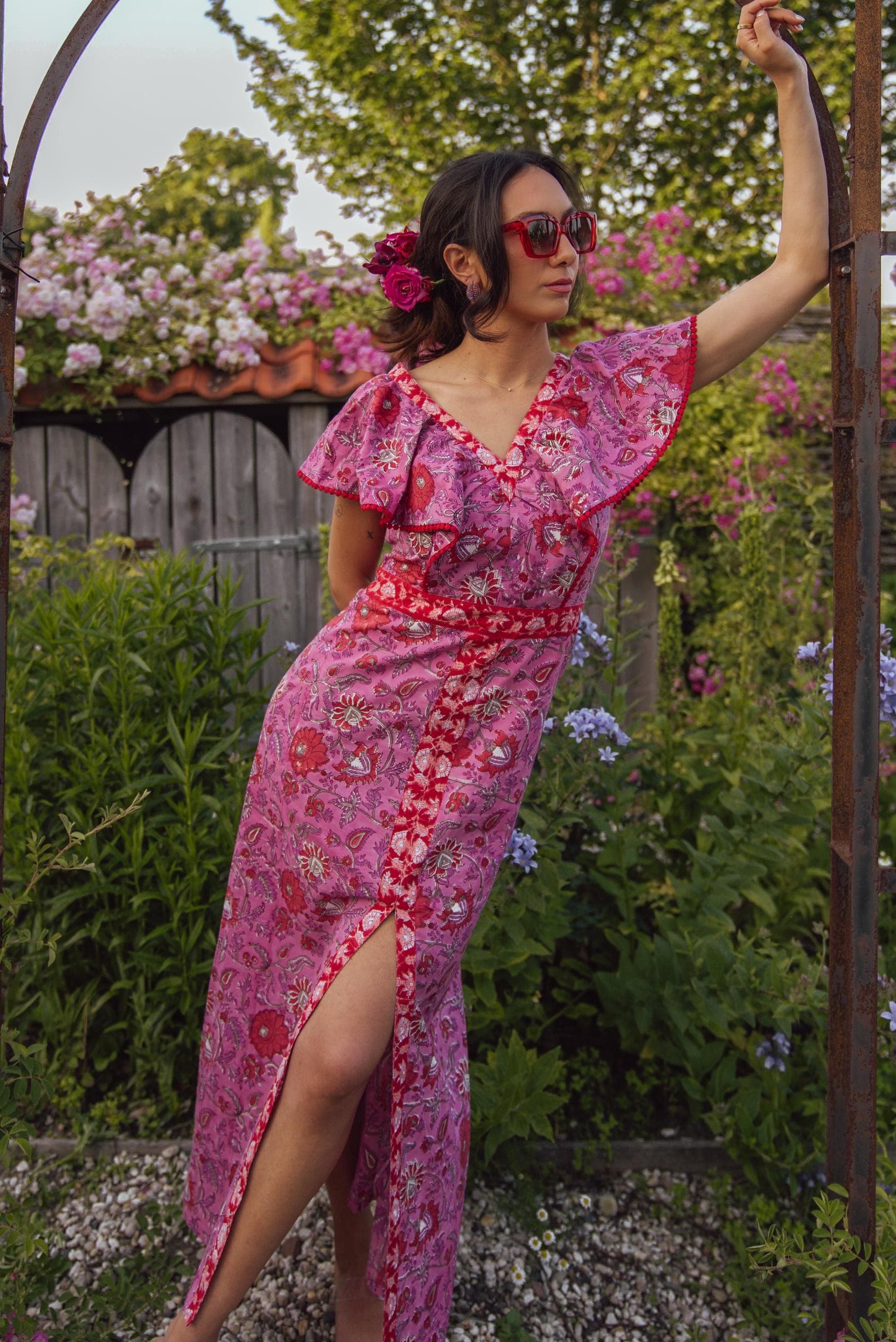 Hand Block Printed Cotton Maxi Dress, Magenta Red Floral Sundress