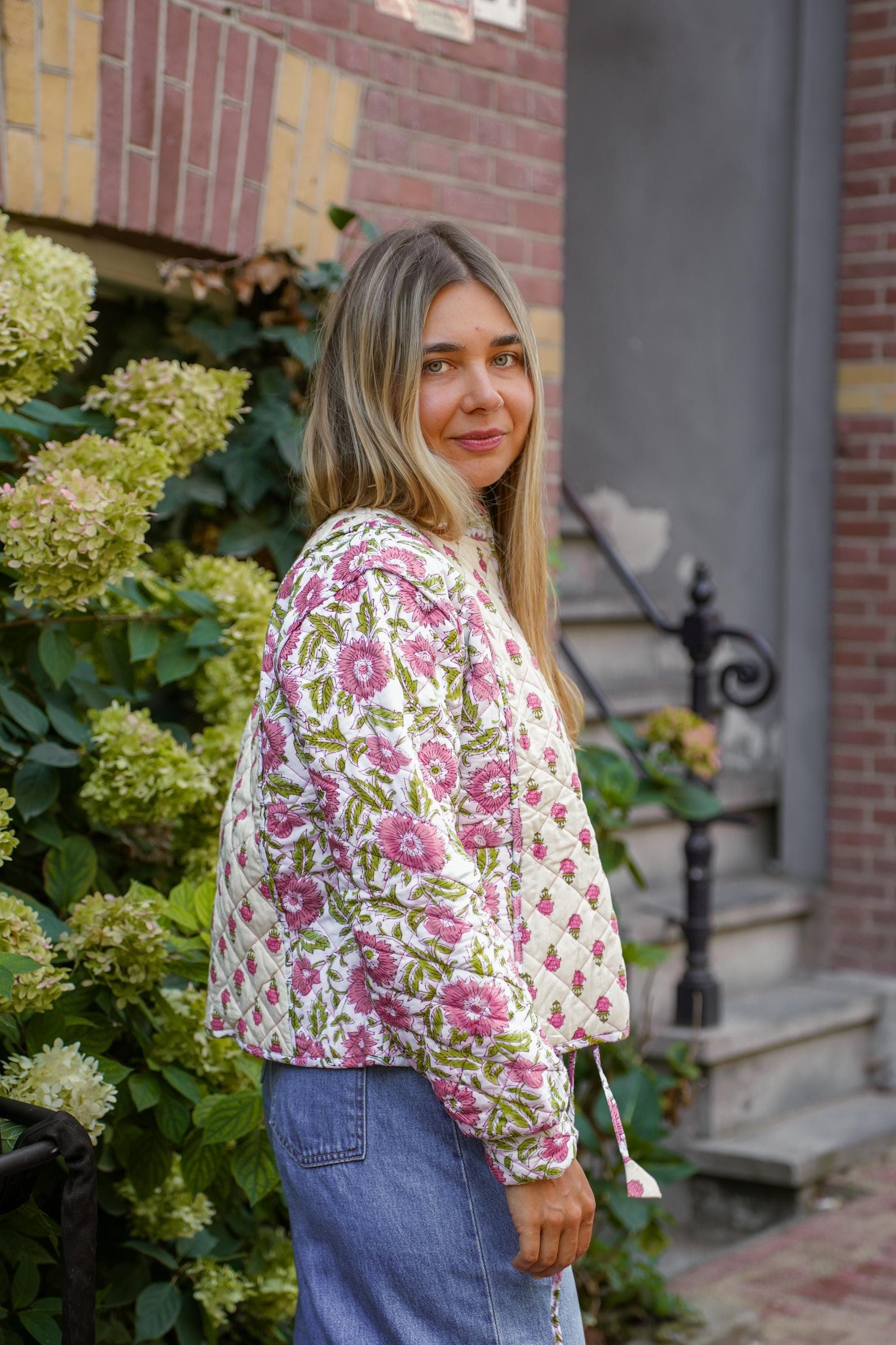 Hand Block Printed Quilted Jacket: Floral Organic Cotton, Spring Summer - image 5