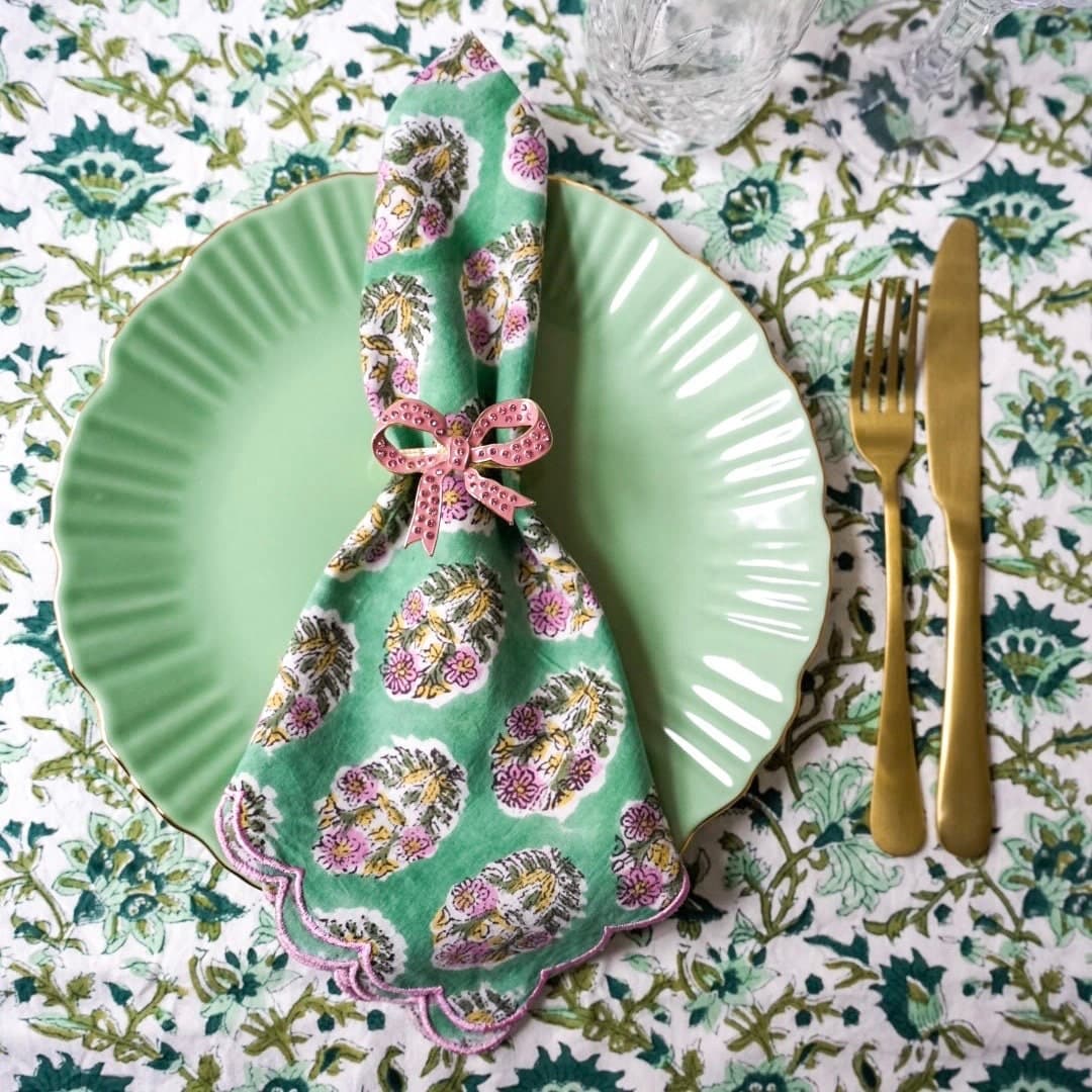 Hand Block Print Napkins, Set of 2: Floral, Scallop Edge