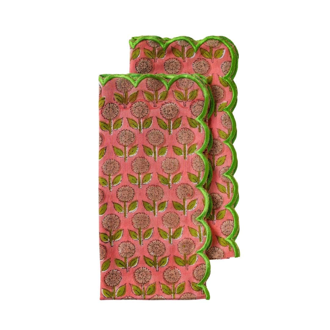 Hand Block Print Napkins, Set of 2 - Peach Floral, Scallop Edge