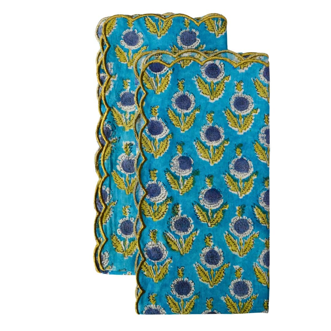 Hand Block Print Napkins, Set of 2, Bohemian Thistle Scallop Edge