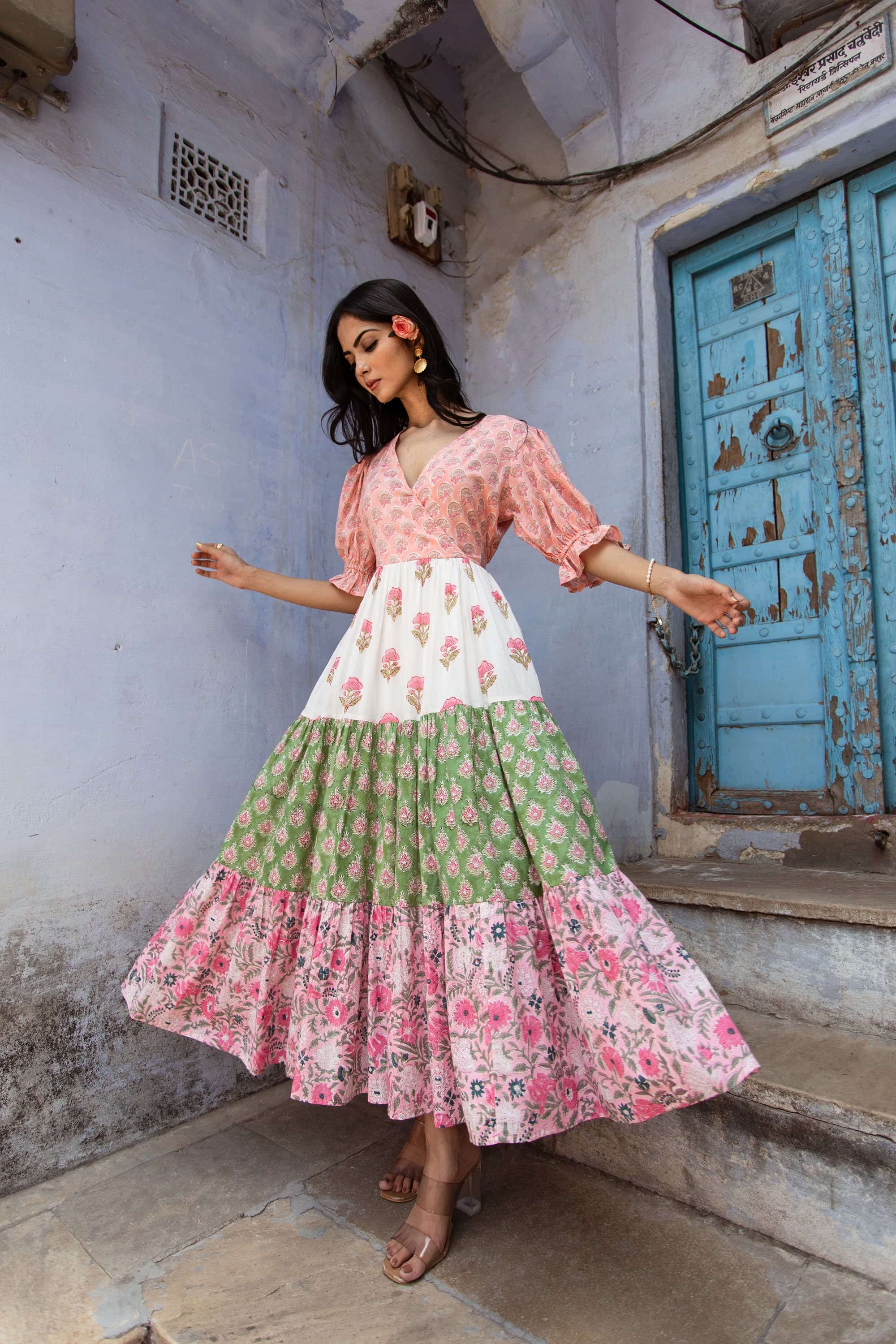 Hand Block Printed Maxi Dress, Floral Tiered Organic Cotton Sundress