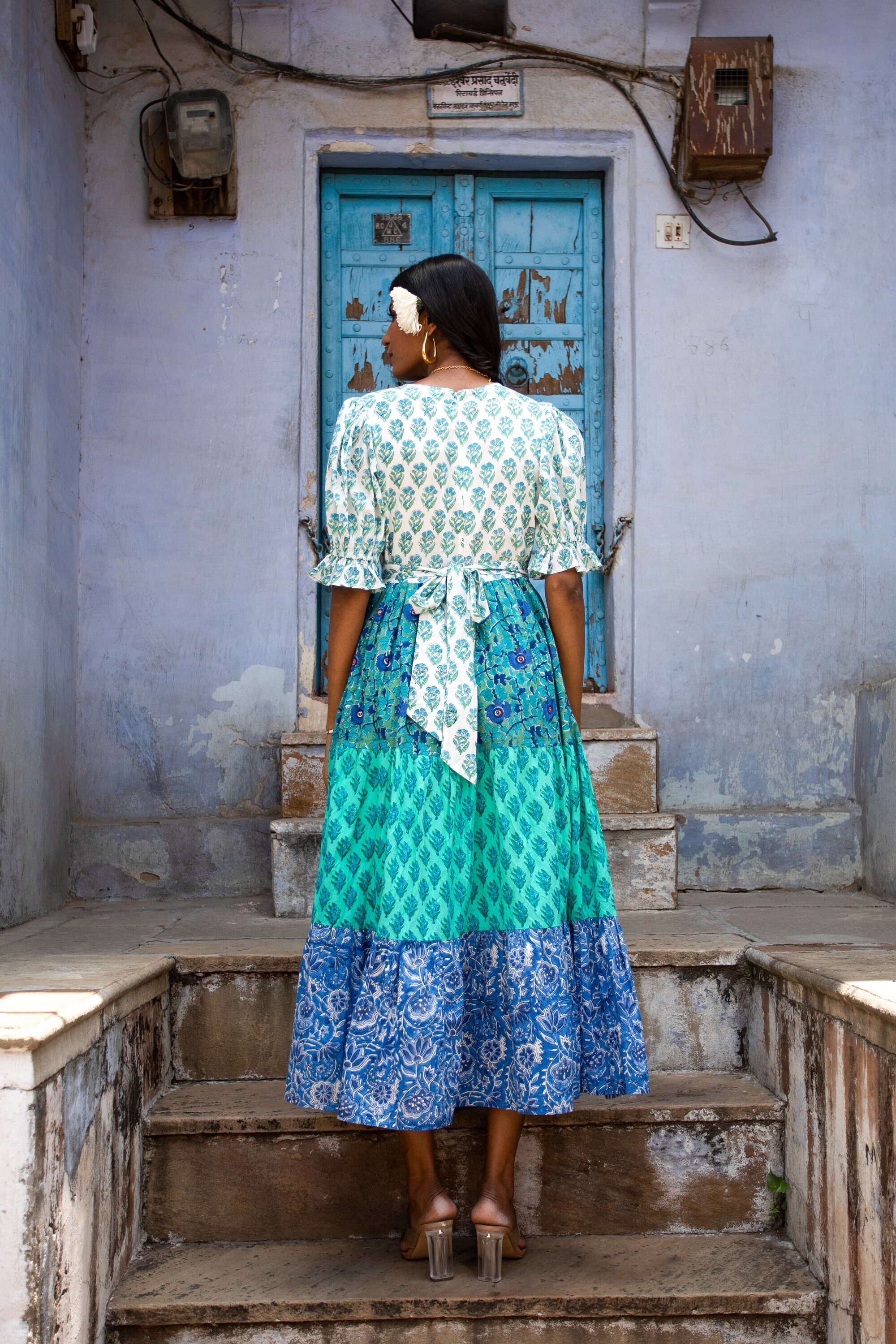 Hand Block Printed Organic Cotton Maxi Dress, Color Block Tiered Sundress - image 4
