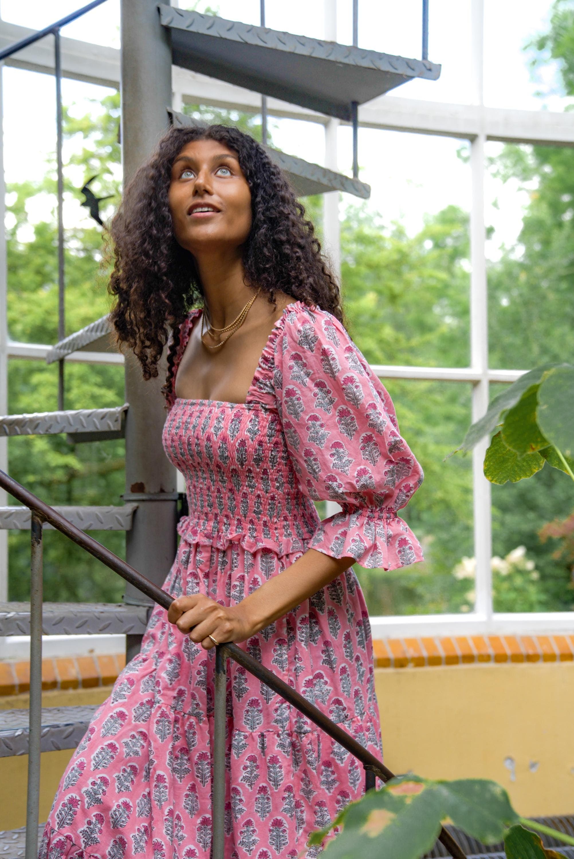 Hand Block Printed Maxi Dress: Floral Pink Smocked Organic Cotton