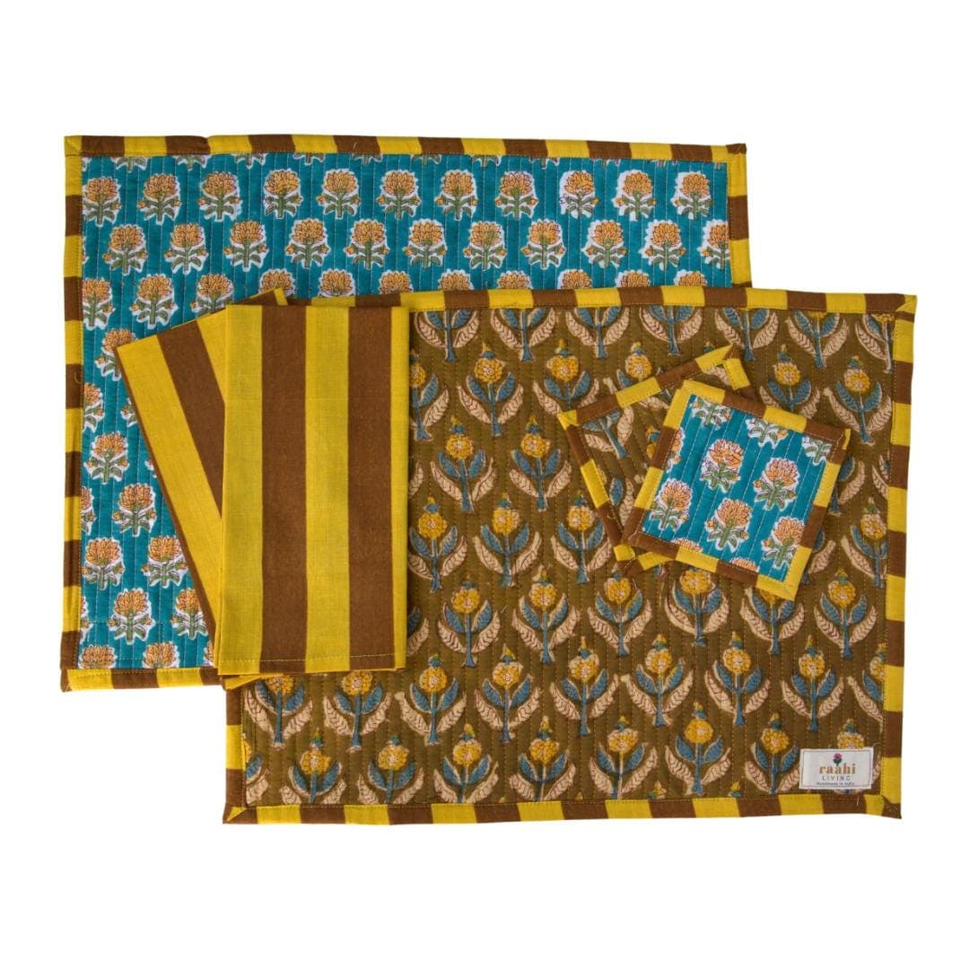 Reversible Quilted Placemat Set | Hand Block Printed Cotton Table Decor