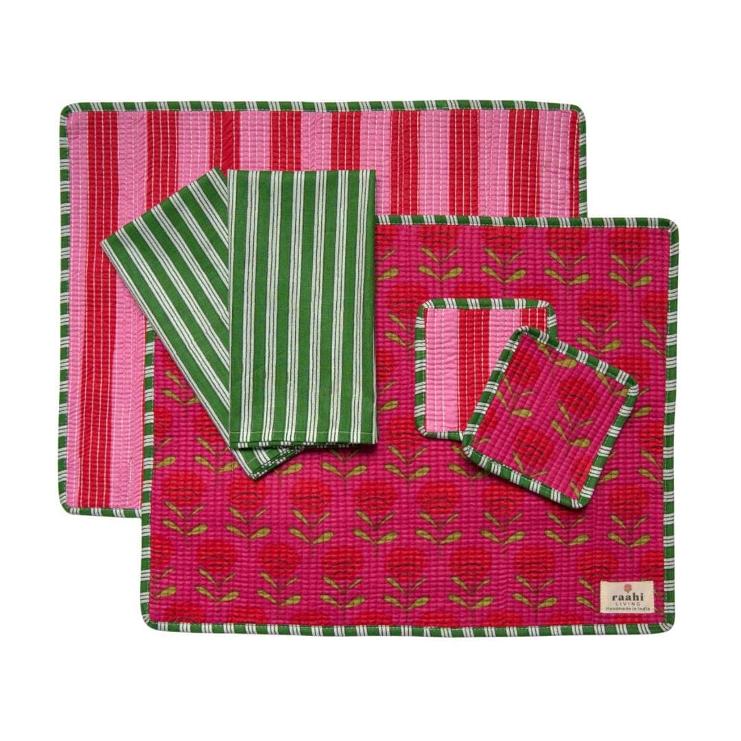 Reversible Quilted Rectangle Placemat Set | Cotton Table Linens with Napkins & Coasters | Hand Block Printed Decor | Colourful Cottage Core
