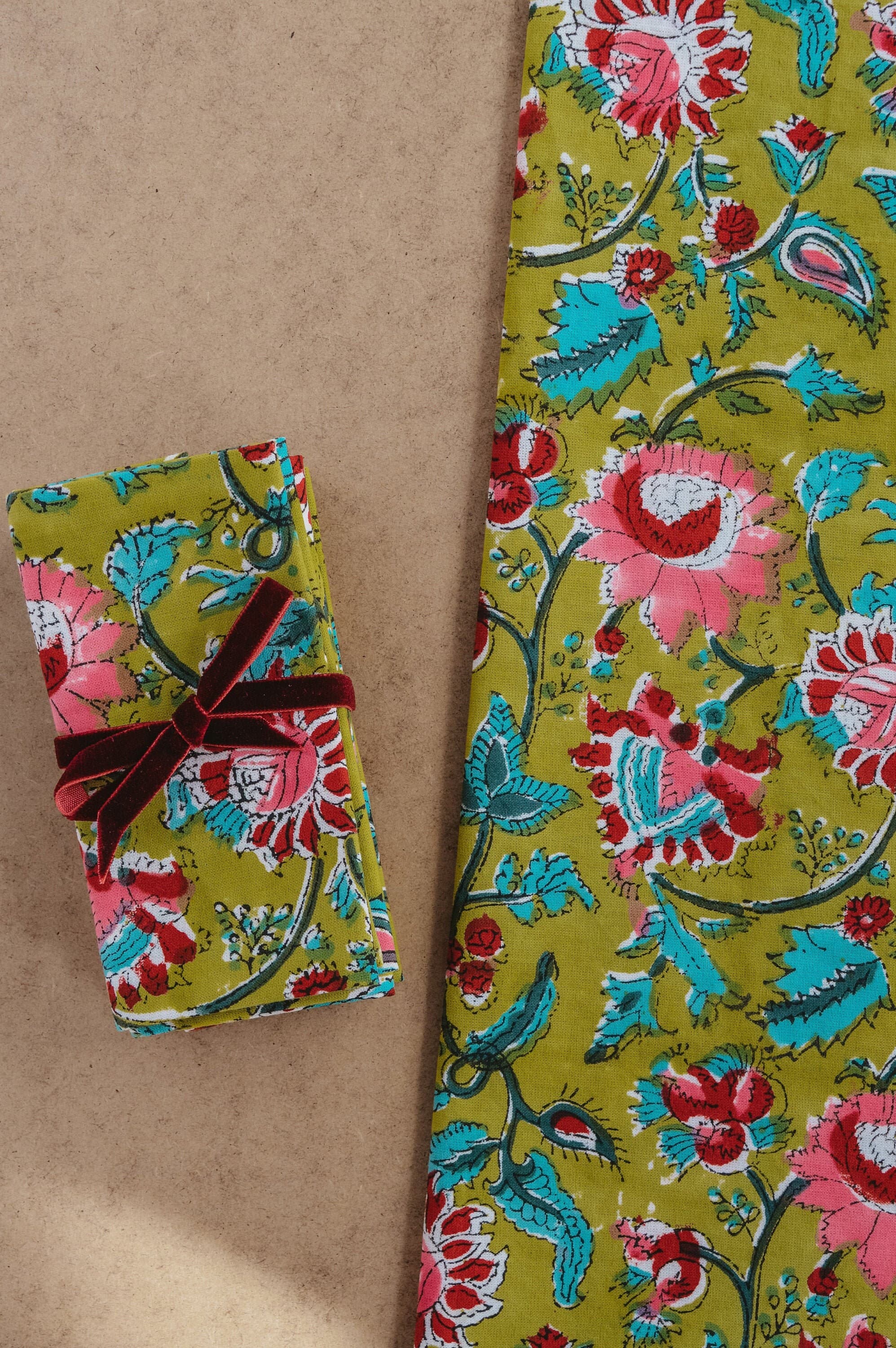 Hand Block Printed Cotton Dinner Napkins, Olive Green Botanics, Set of 4 - image 4
