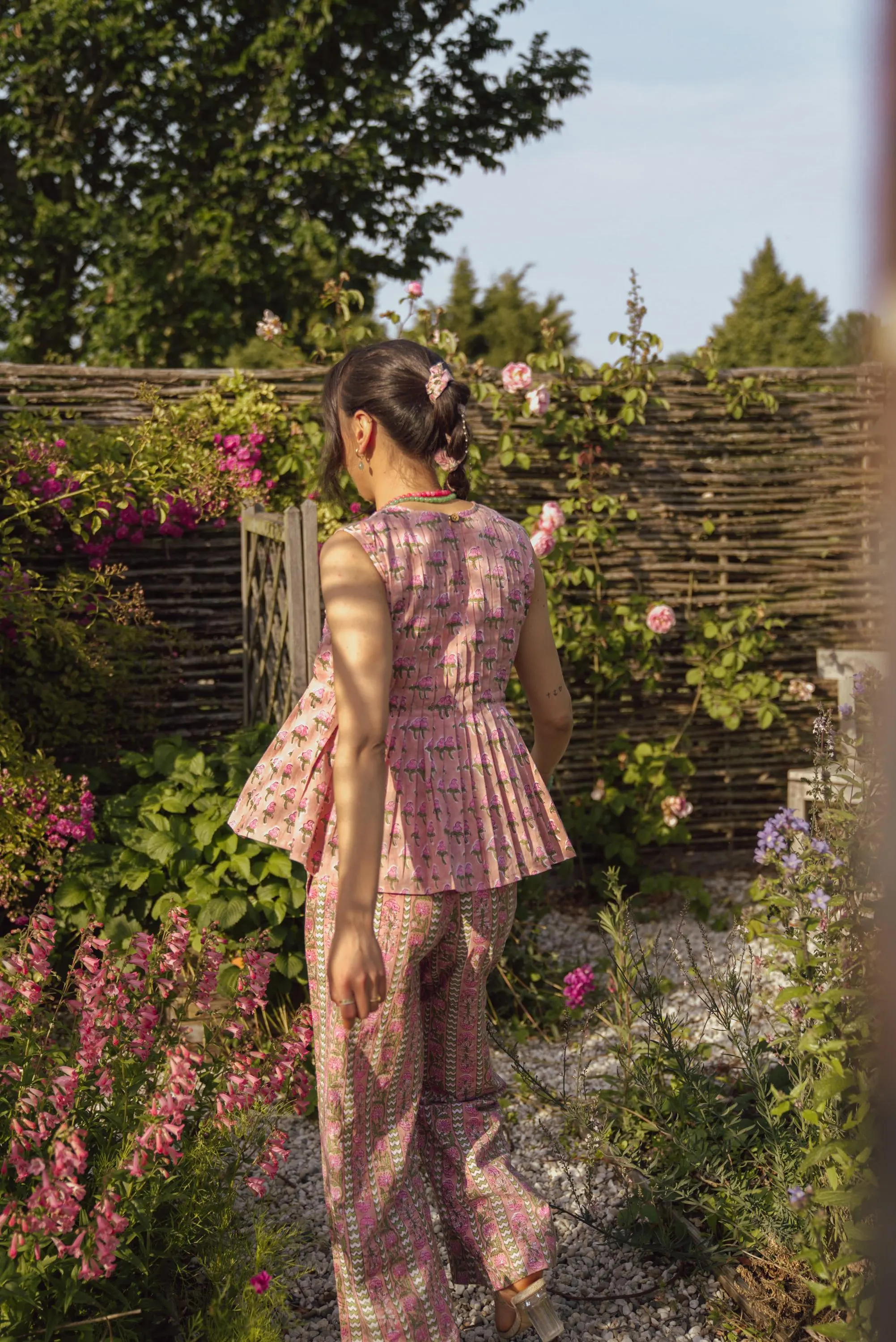 Hand Block Printed Cotton Co-ord Set: Pleated Top, Wide Leg Pants - image 4