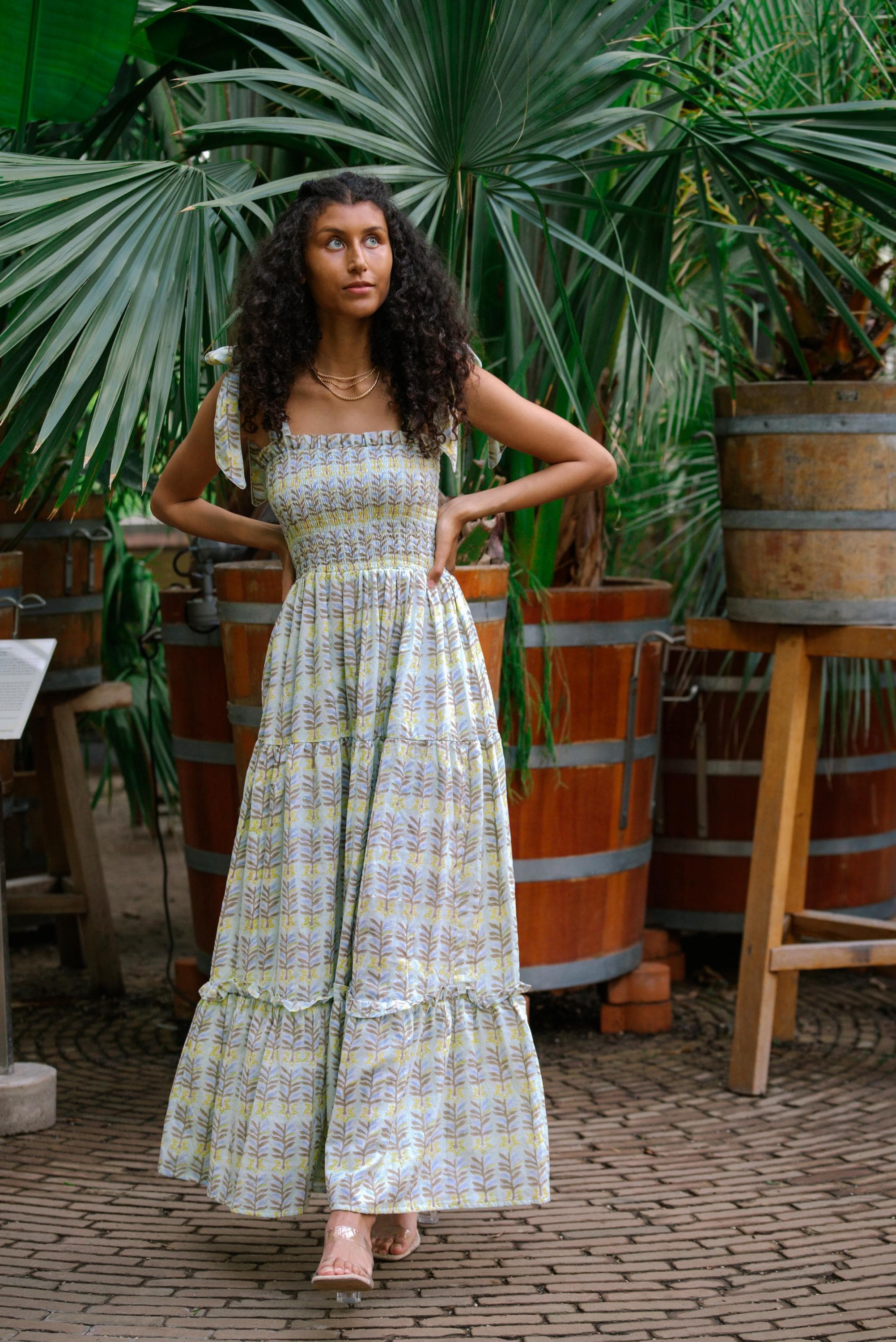 Hand Block-Printed Organic Cotton Maxi Dress: Floral Smocked Bodice