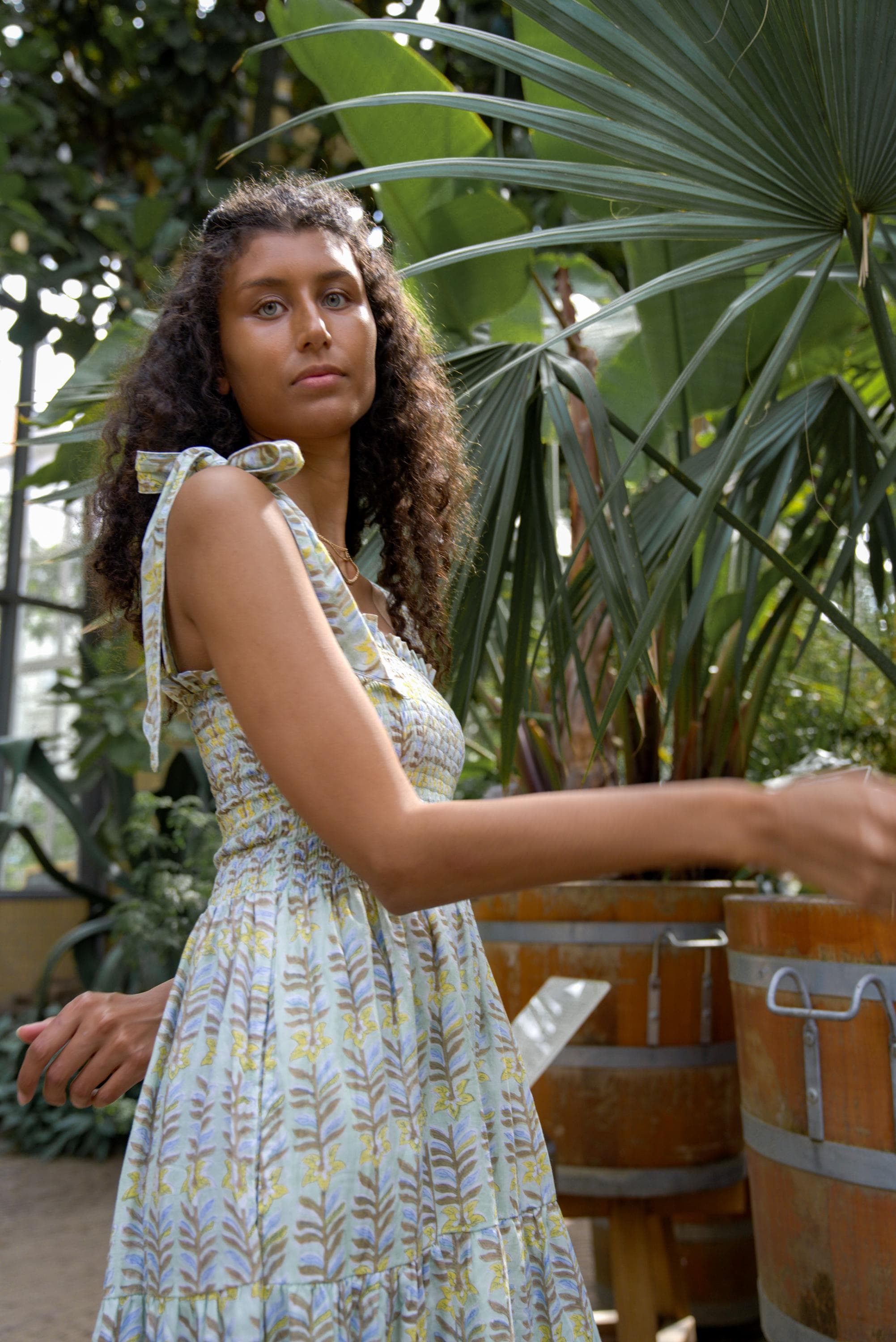 Hand Block-Printed Organic Cotton Maxi Dress: Floral Smocked Bodice - image 5